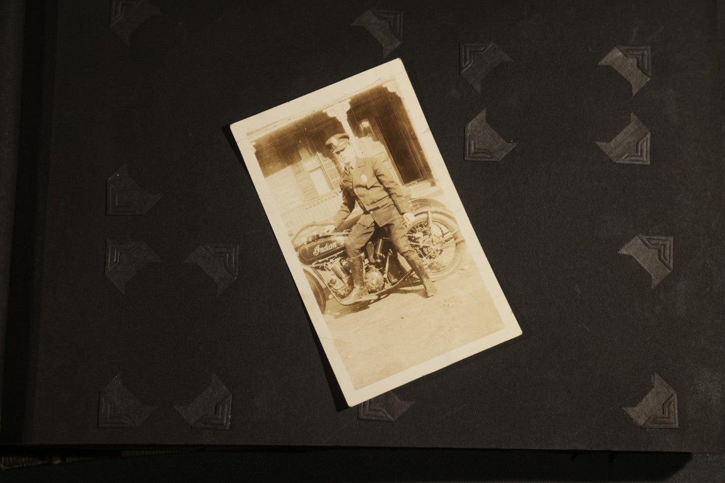 Antique Snapshot Album, Circa WWI Era, 200+ Photographs Including Police Officer on Indian Motorcycle, Pacific Electric Railway, Railroad and Trolley Workers, Woman in Navy Sailor Outfit with Gas Mask, and Beach Scenes