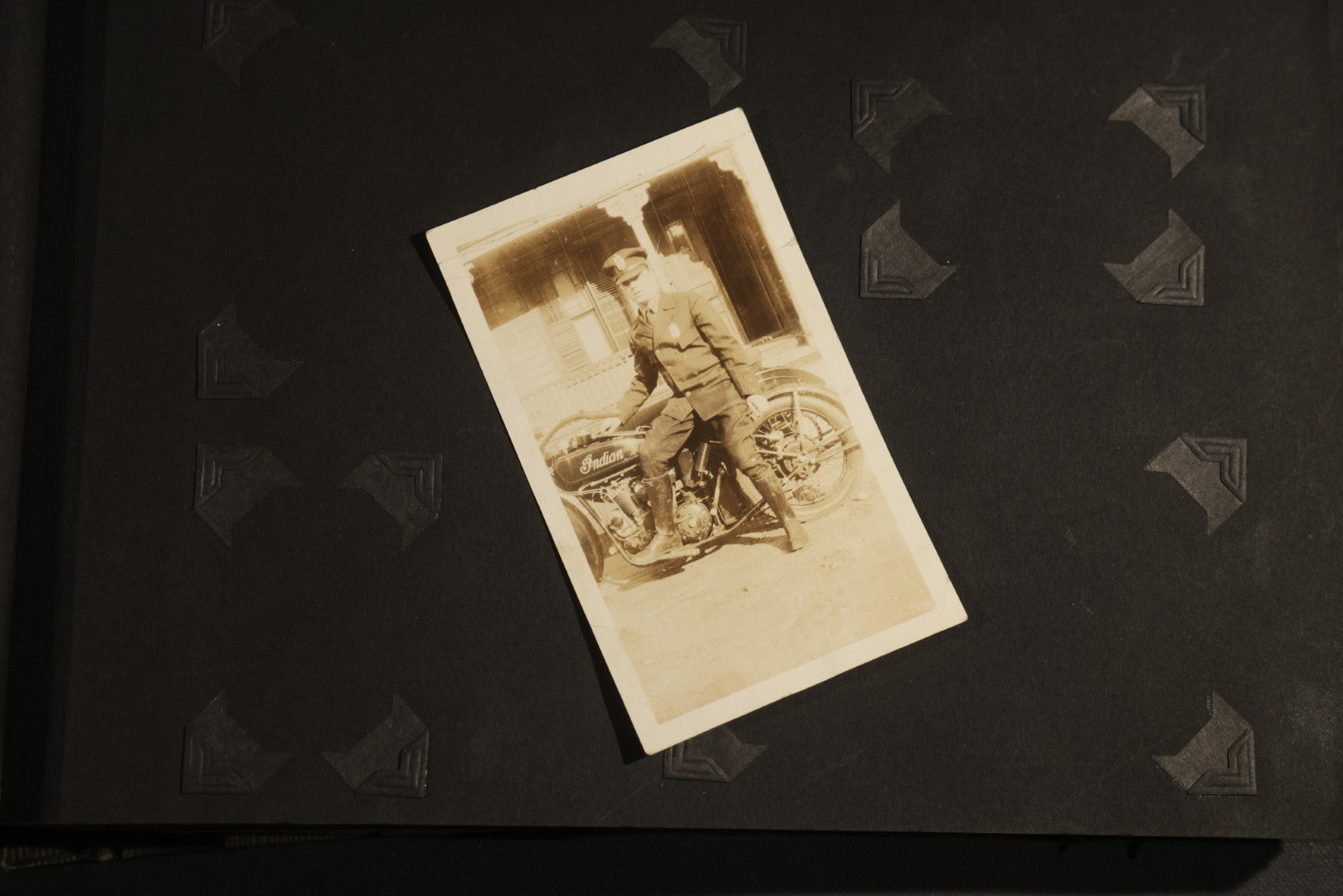 Antique Snapshot Album, Circa WWI Era, 200+ Photographs Including Police Officer on Indian Motorcycle, Pacific Electric Railway, Railroad and Trolley Workers, Woman in Navy Sailor Outfit with Gas Mask, and Beach Scenes