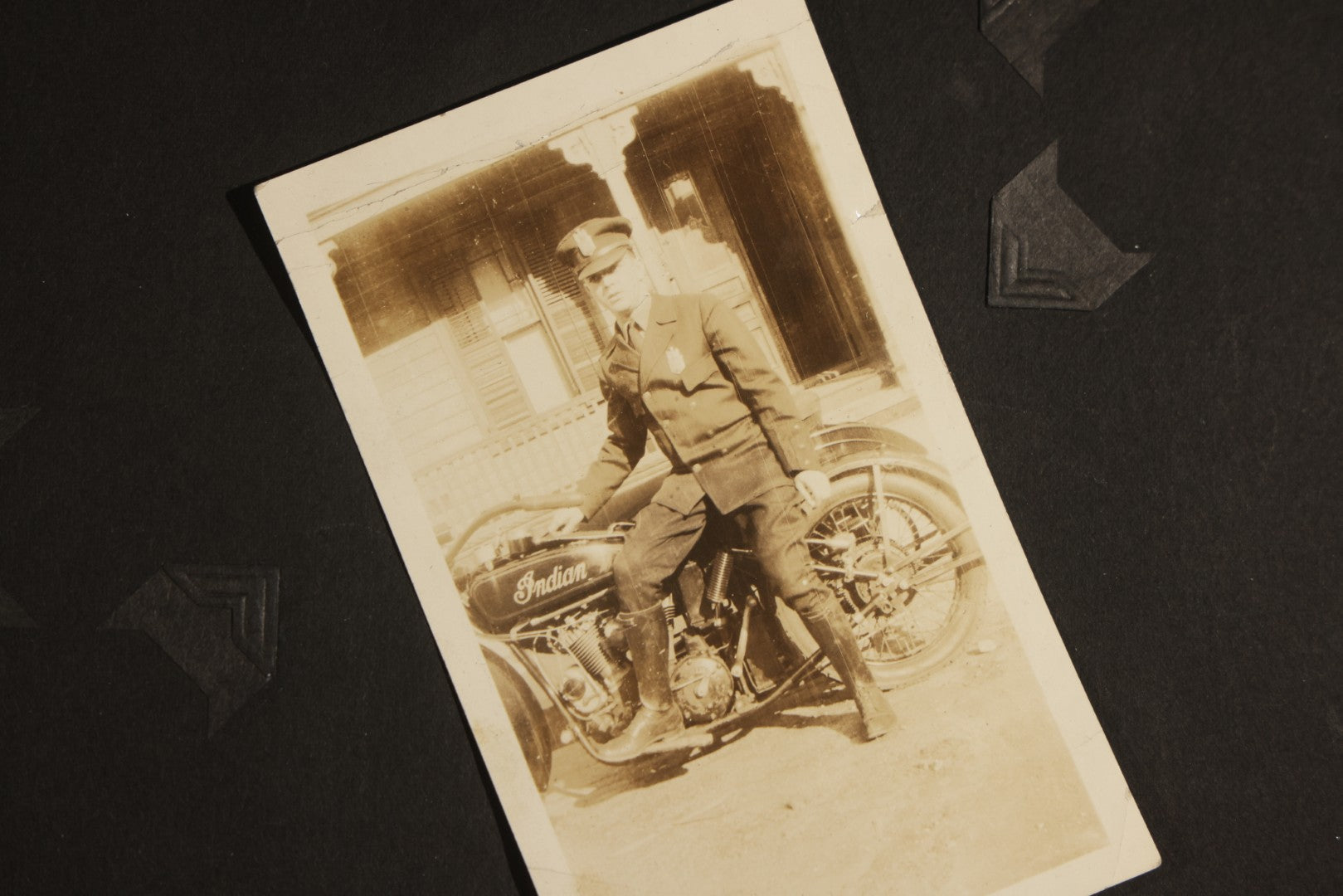 Antique Snapshot Album, Circa WWI Era, 200+ Photographs Including Police Officer on Indian Motorcycle, Pacific Electric Railway, Railroad and Trolley Workers, Woman in Navy Sailor Outfit with Gas Mask, and Beach Scenes