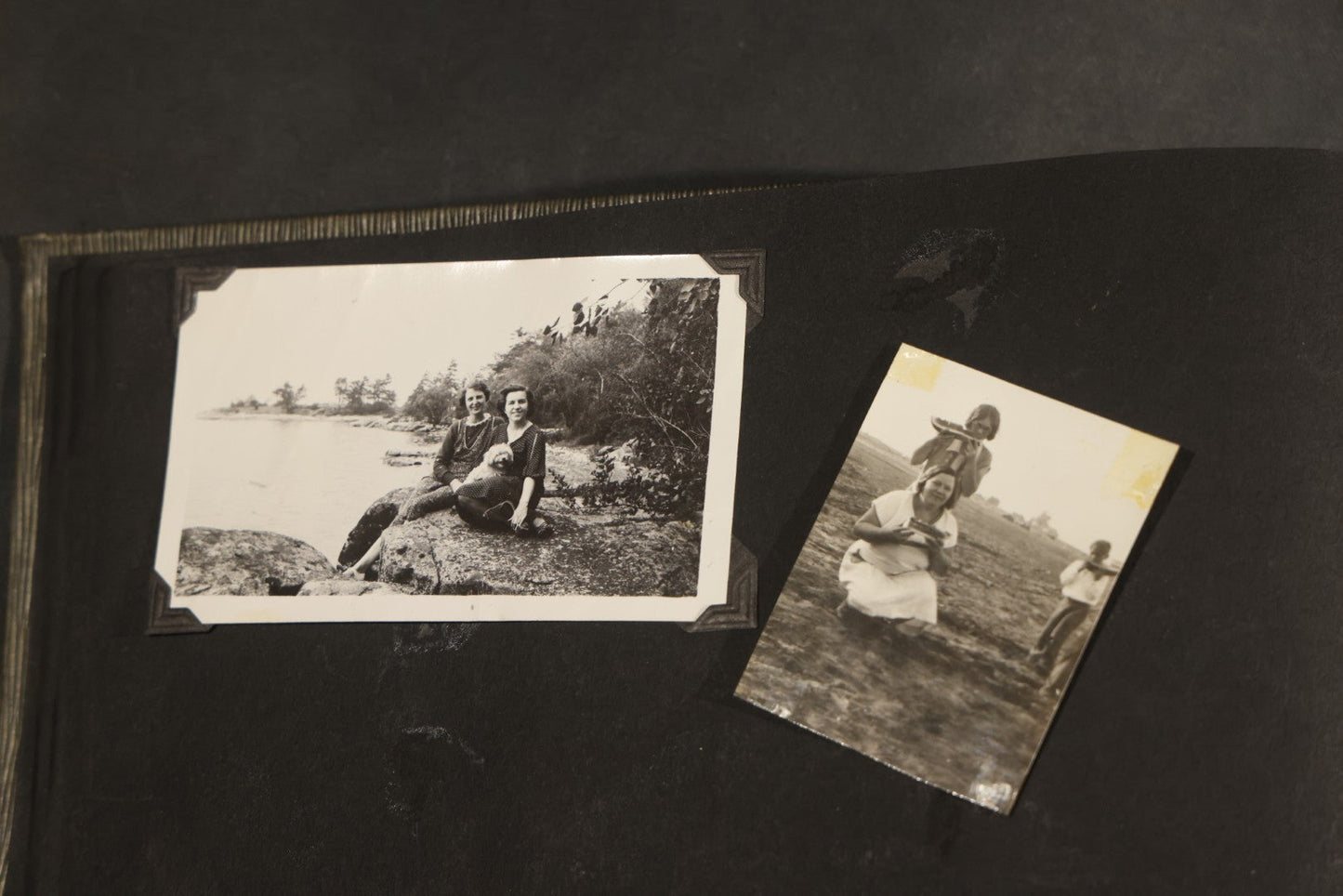 Antique Snapshot Album, Circa WWI Era, 200+ Photographs Including Police Officer on Indian Motorcycle, Pacific Electric Railway, Railroad and Trolley Workers, Woman in Navy Sailor Outfit with Gas Mask, and Beach Scenes
