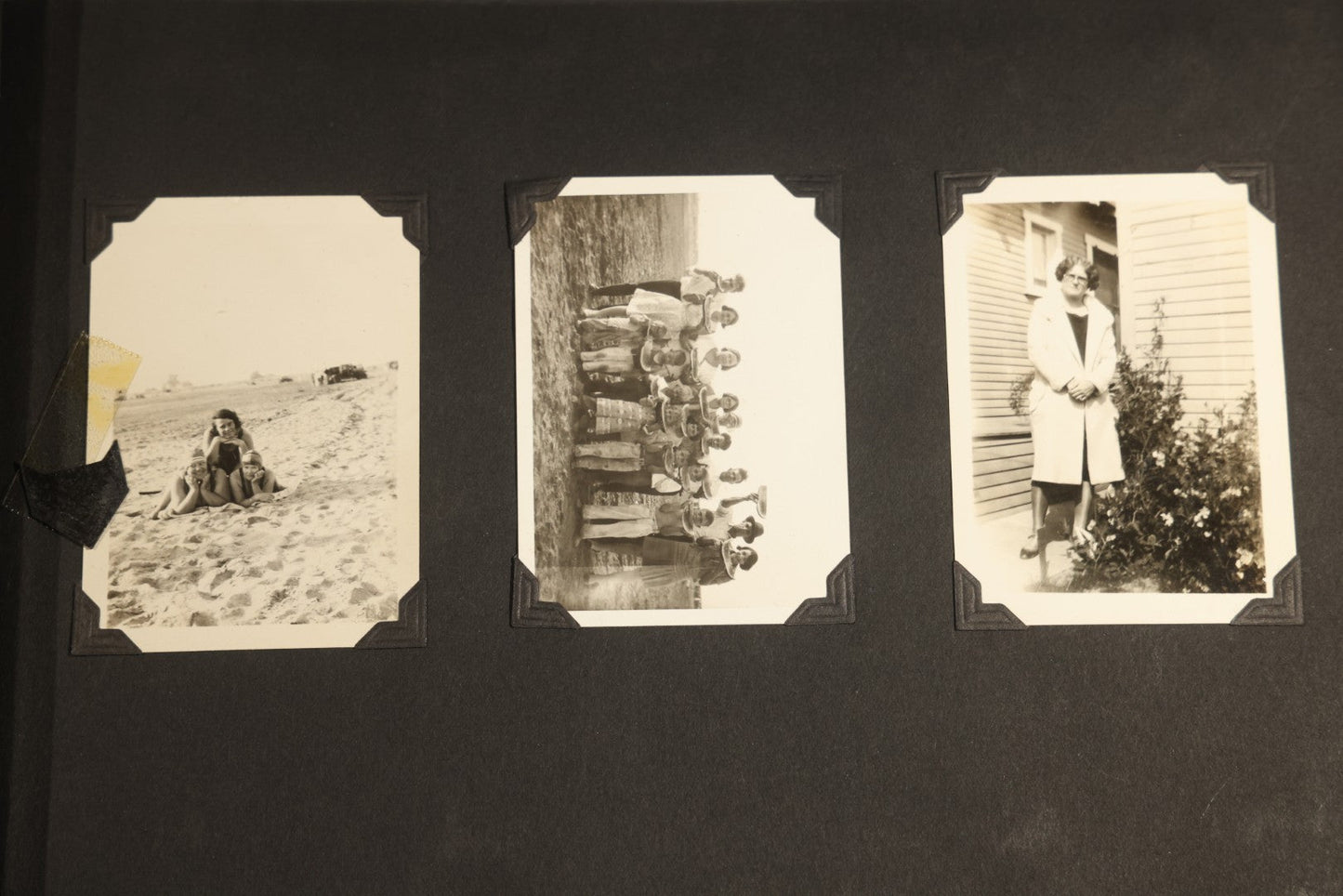 Antique Snapshot Album, Circa WWI Era, 200+ Photographs Including Police Officer on Indian Motorcycle, Pacific Electric Railway, Railroad and Trolley Workers, Woman in Navy Sailor Outfit with Gas Mask, and Beach Scenes