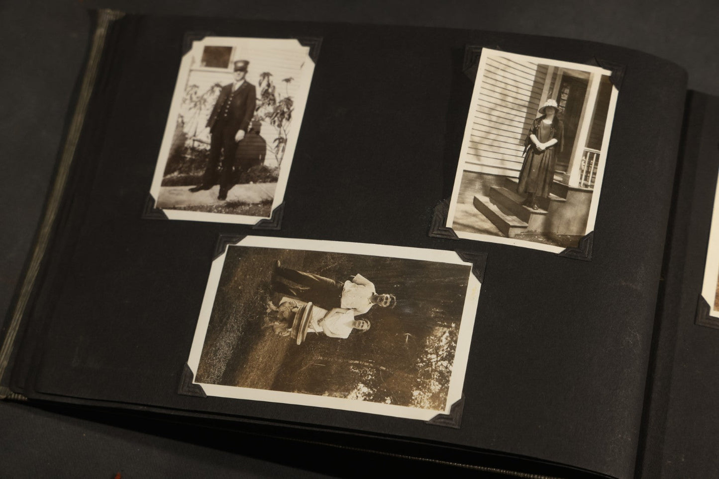 Antique Snapshot Album, Circa WWI Era, 200+ Photographs Including Police Officer on Indian Motorcycle, Pacific Electric Railway, Railroad and Trolley Workers, Woman in Navy Sailor Outfit with Gas Mask, and Beach Scenes