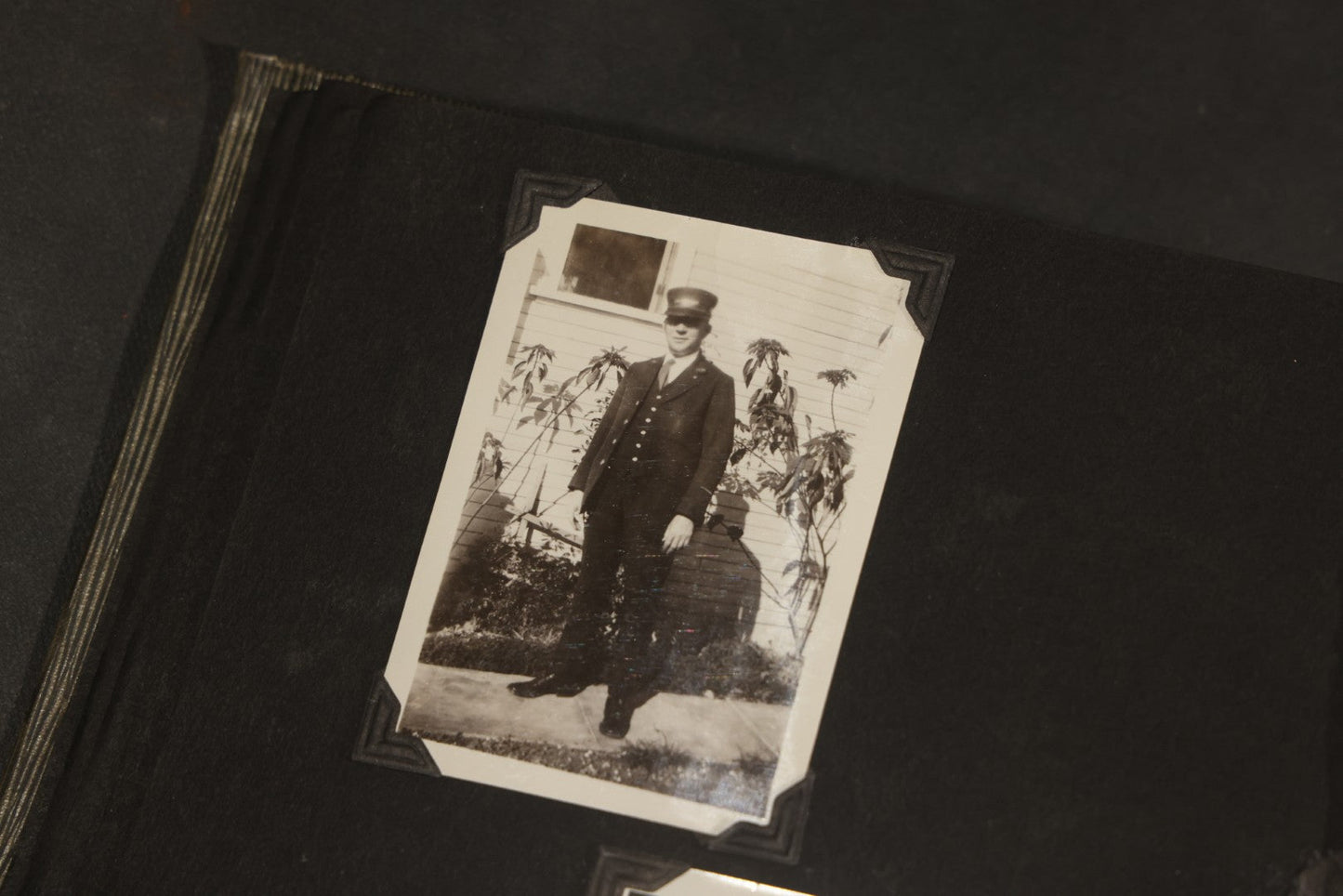 Antique Snapshot Album, Circa WWI Era, 200+ Photographs Including Police Officer on Indian Motorcycle, Pacific Electric Railway, Railroad and Trolley Workers, Woman in Navy Sailor Outfit with Gas Mask, and Beach Scenes