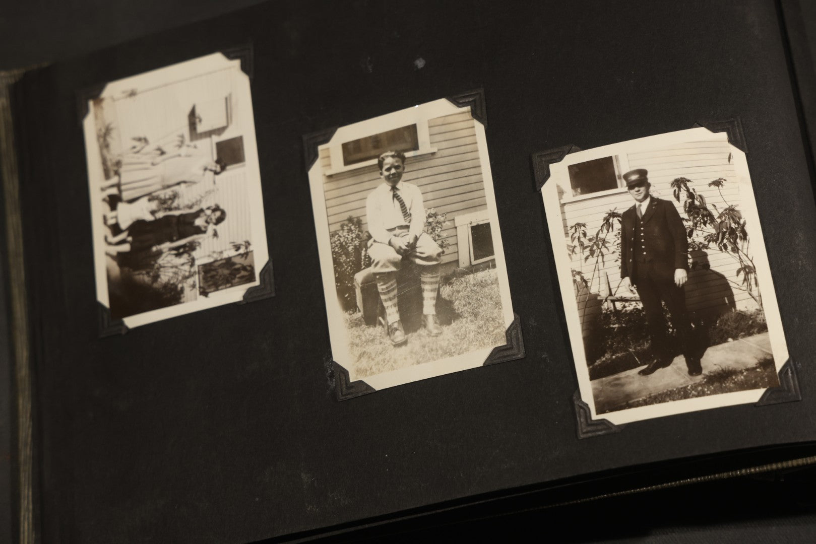 Antique Snapshot Album, Circa WWI Era, 200+ Photographs Including Police Officer on Indian Motorcycle, Pacific Electric Railway, Railroad and Trolley Workers, Woman in Navy Sailor Outfit with Gas Mask, and Beach Scenes