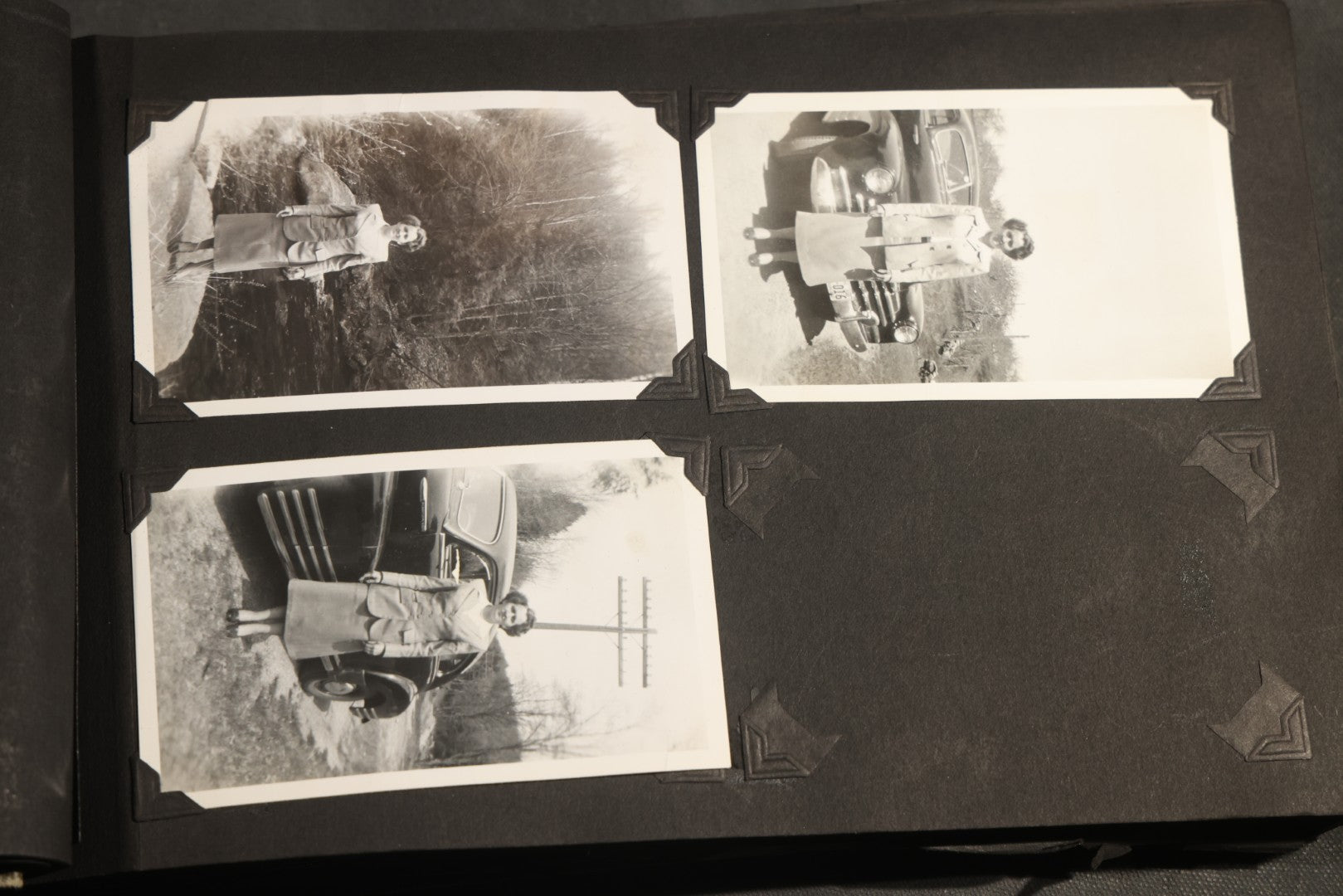 Antique Snapshot Album, Circa WWI Era, 200+ Photographs Including Police Officer on Indian Motorcycle, Pacific Electric Railway, Railroad and Trolley Workers, Woman in Navy Sailor Outfit with Gas Mask, and Beach Scenes