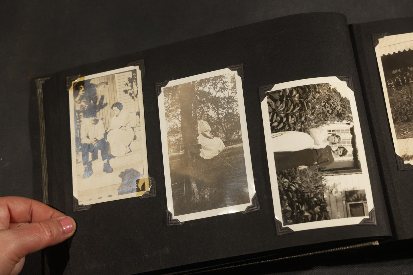 Antique Snapshot Album, Circa WWI Era, 200+ Photographs Including Police Officer on Indian Motorcycle, Pacific Electric Railway, Railroad and Trolley Workers, Woman in Navy Sailor Outfit with Gas Mask, and Beach Scenes