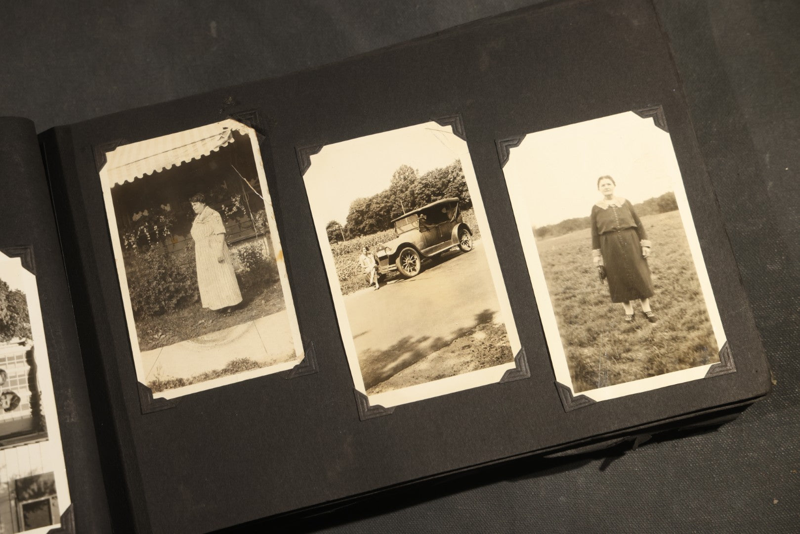 Antique Snapshot Album, Circa WWI Era, 200+ Photographs Including Police Officer on Indian Motorcycle, Pacific Electric Railway, Railroad and Trolley Workers, Woman in Navy Sailor Outfit with Gas Mask, and Beach Scenes