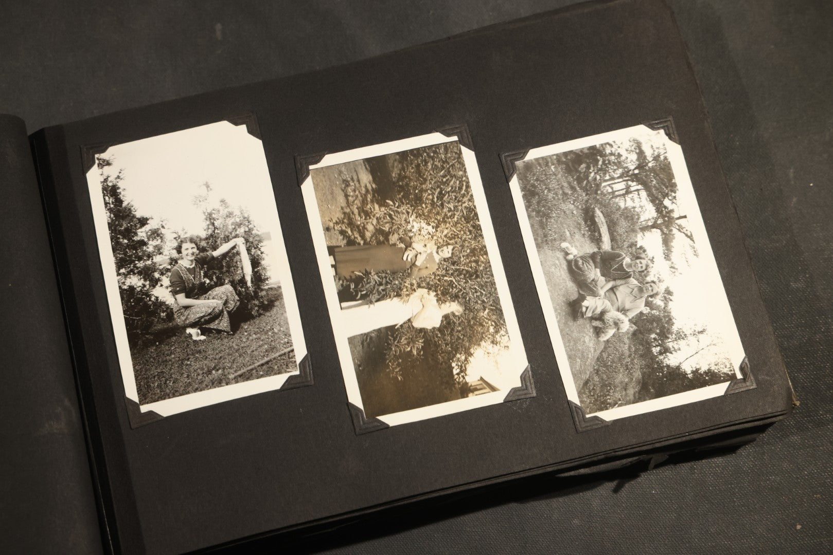 Antique Snapshot Album, Circa WWI Era, 200+ Photographs Including Police Officer on Indian Motorcycle, Pacific Electric Railway, Railroad and Trolley Workers, Woman in Navy Sailor Outfit with Gas Mask, and Beach Scenes