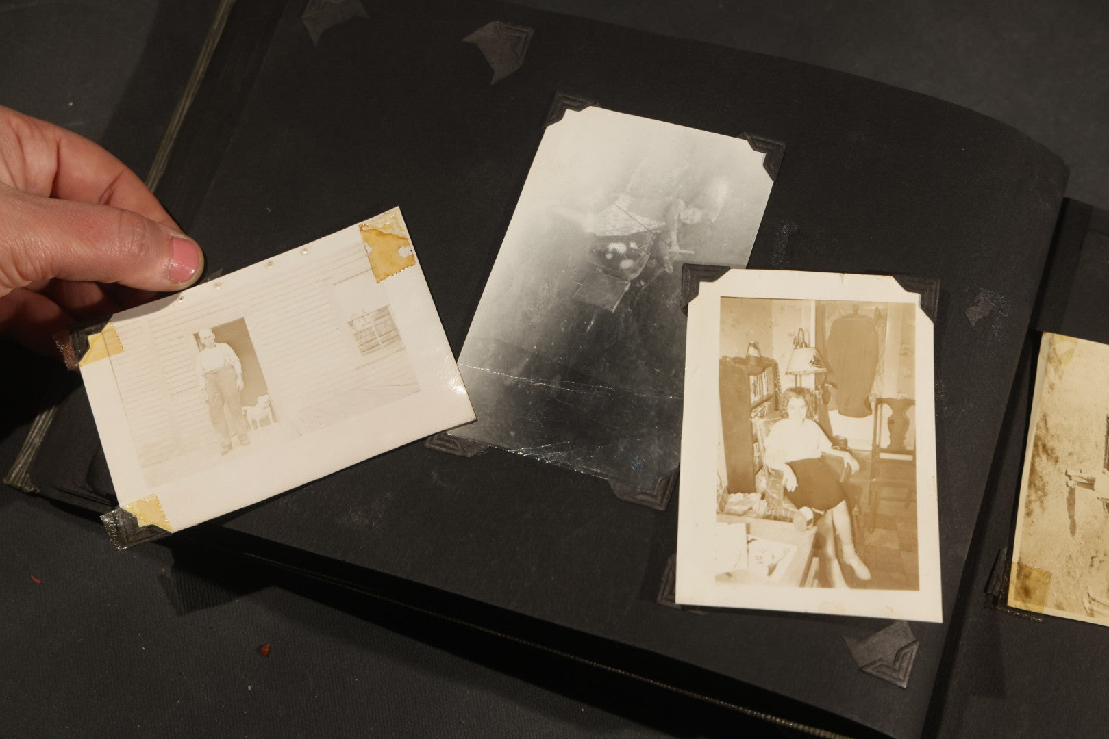 Antique Snapshot Album, Circa WWI Era, 200+ Photographs Including Police Officer on Indian Motorcycle, Pacific Electric Railway, Railroad and Trolley Workers, Woman in Navy Sailor Outfit with Gas Mask, and Beach Scenes