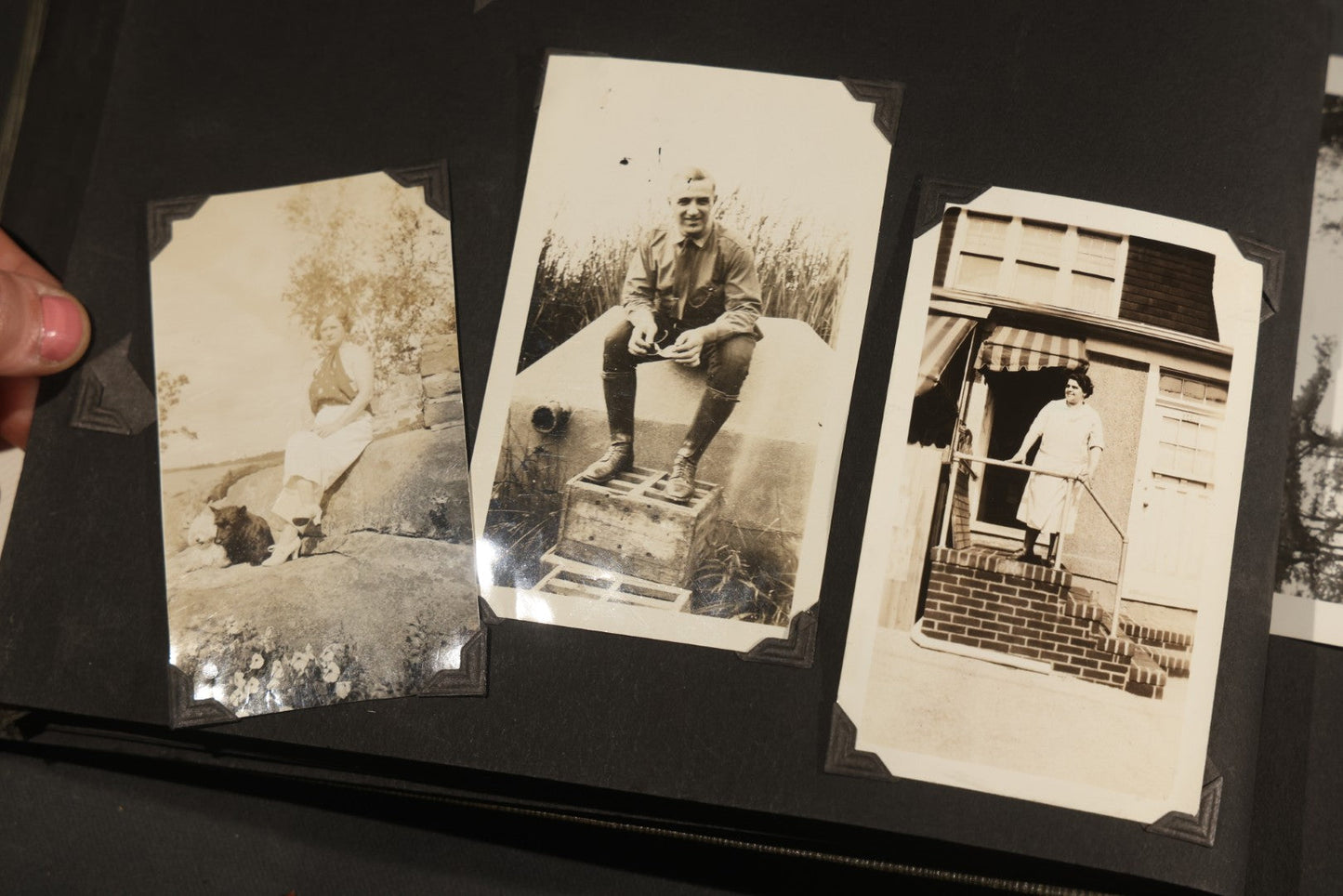Antique Snapshot Album, Circa WWI Era, 200+ Photographs Including Police Officer on Indian Motorcycle, Pacific Electric Railway, Railroad and Trolley Workers, Woman in Navy Sailor Outfit with Gas Mask, and Beach Scenes