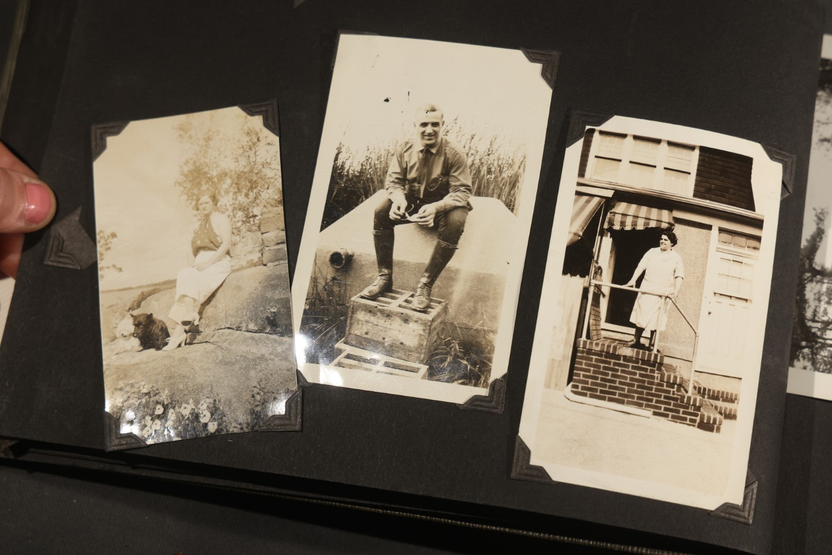 Antique Snapshot Album, Circa WWI Era, 200+ Photographs Including Police Officer on Indian Motorcycle, Pacific Electric Railway, Railroad and Trolley Workers, Woman in Navy Sailor Outfit with Gas Mask, and Beach Scenes