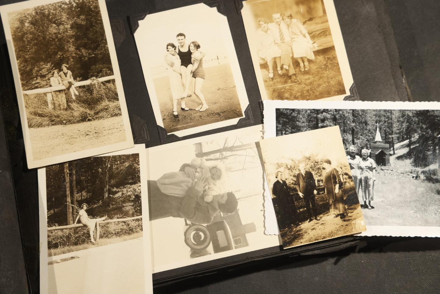 Antique Snapshot Album, Circa WWI Era, 200+ Photographs Including Police Officer on Indian Motorcycle, Pacific Electric Railway, Railroad and Trolley Workers, Woman in Navy Sailor Outfit with Gas Mask, and Beach Scenes