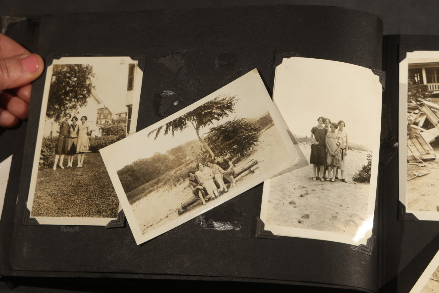 Antique Snapshot Album, Circa WWI Era, 200+ Photographs Including Police Officer on Indian Motorcycle, Pacific Electric Railway, Railroad and Trolley Workers, Woman in Navy Sailor Outfit with Gas Mask, and Beach Scenes