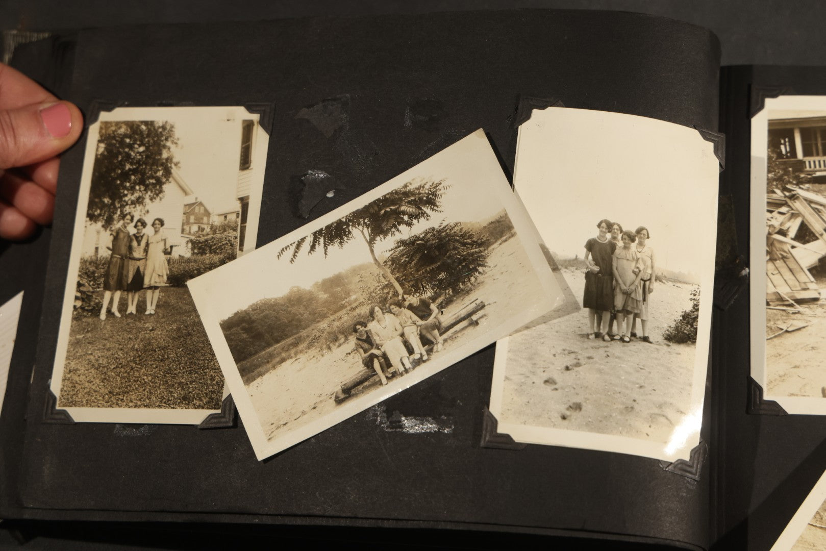 Antique Snapshot Album, Circa WWI Era, 200+ Photographs Including Police Officer on Indian Motorcycle, Pacific Electric Railway, Railroad and Trolley Workers, Woman in Navy Sailor Outfit with Gas Mask, and Beach Scenes