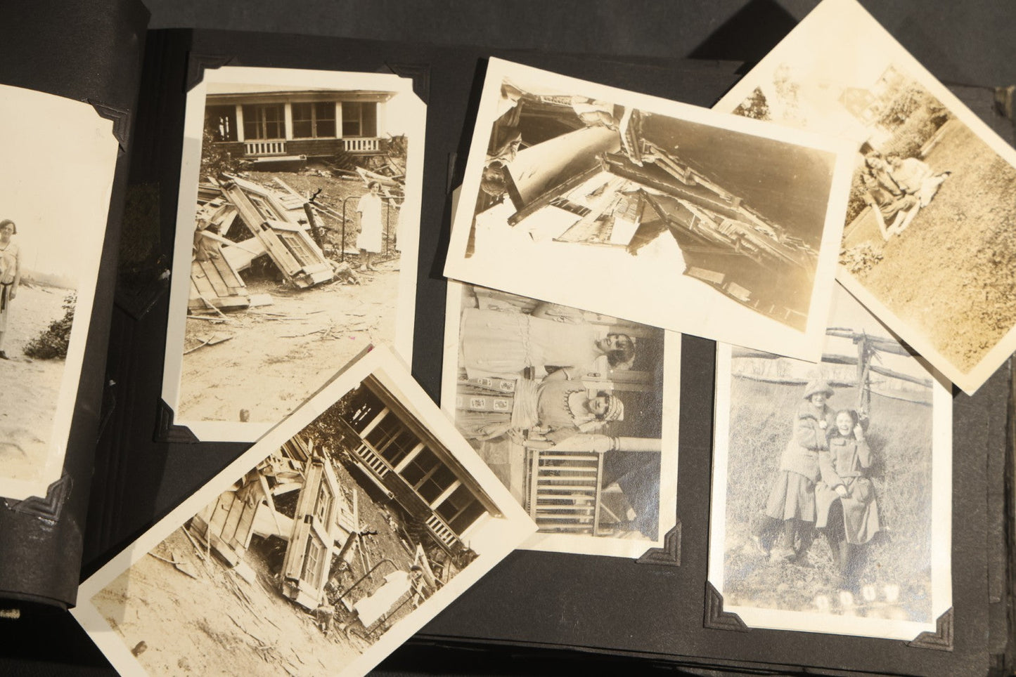 Antique Snapshot Album, Circa WWI Era, 200+ Photographs Including Police Officer on Indian Motorcycle, Pacific Electric Railway, Railroad and Trolley Workers, Woman in Navy Sailor Outfit with Gas Mask, and Beach Scenes