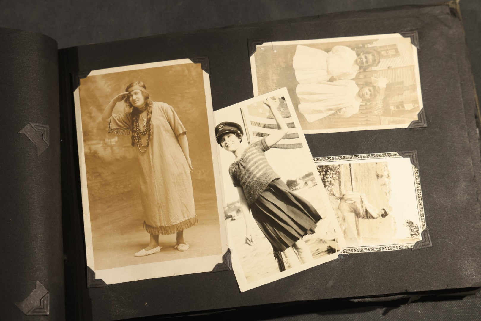 Antique Snapshot Album, Circa WWI Era, 200+ Photographs Including Police Officer on Indian Motorcycle, Pacific Electric Railway, Railroad and Trolley Workers, Woman in Navy Sailor Outfit with Gas Mask, and Beach Scenes