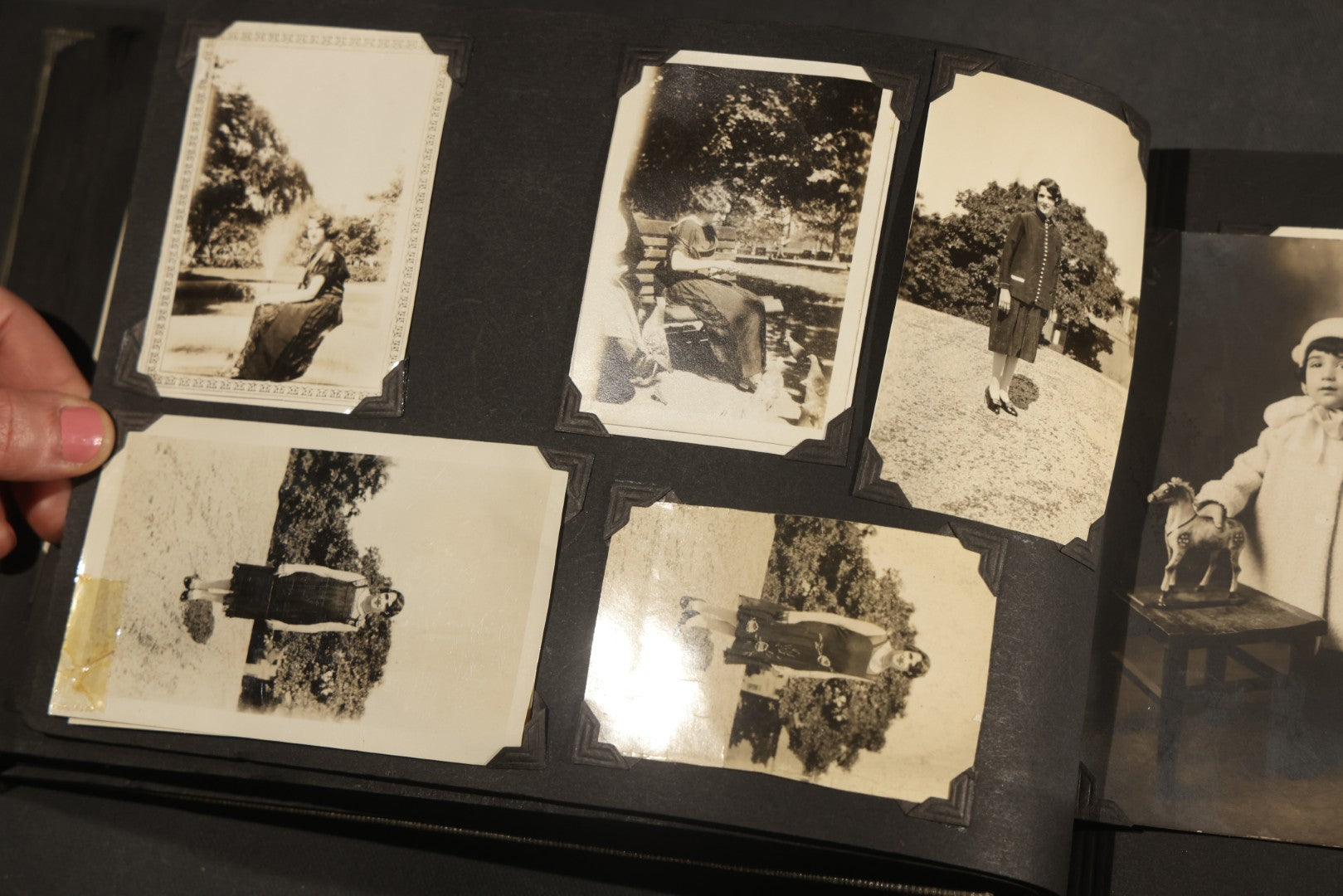 Antique Snapshot Album, Circa WWI Era, 200+ Photographs Including Police Officer on Indian Motorcycle, Pacific Electric Railway, Railroad and Trolley Workers, Woman in Navy Sailor Outfit with Gas Mask, and Beach Scenes