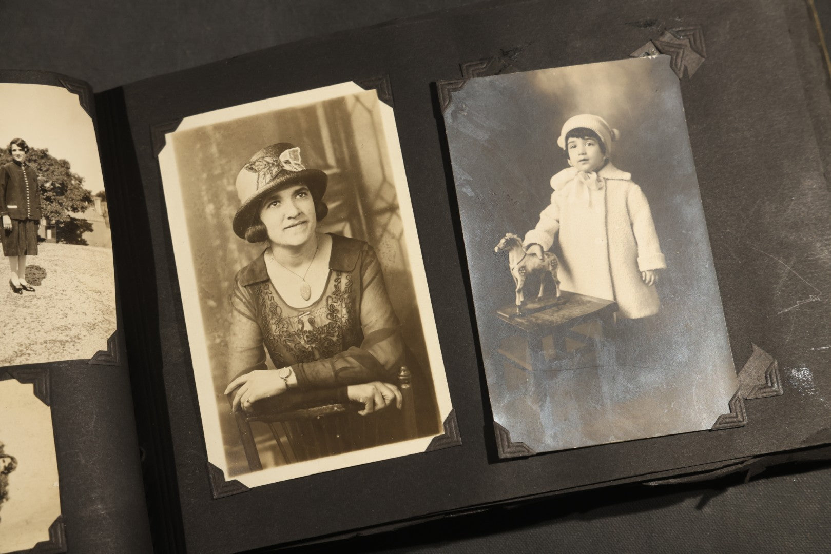Antique Snapshot Album, Circa WWI Era, 200+ Photographs Including Police Officer on Indian Motorcycle, Pacific Electric Railway, Railroad and Trolley Workers, Woman in Navy Sailor Outfit with Gas Mask, and Beach Scenes