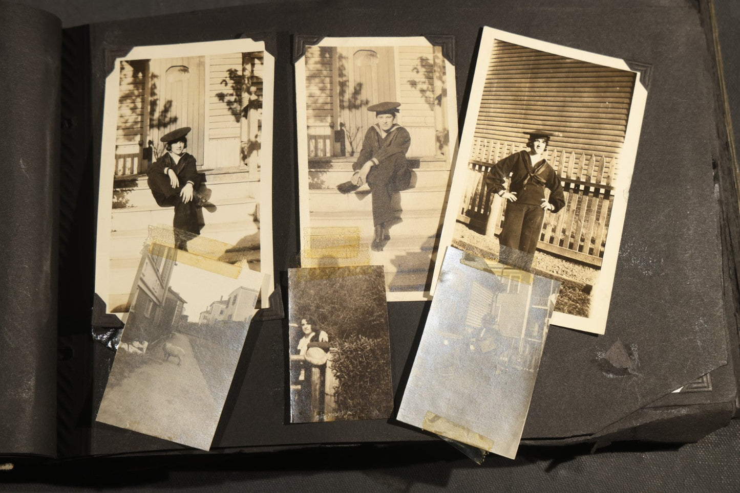 Antique Snapshot Album, Circa WWI Era, 200+ Photographs Including Police Officer on Indian Motorcycle, Pacific Electric Railway, Railroad and Trolley Workers, Woman in Navy Sailor Outfit with Gas Mask, and Beach Scenes