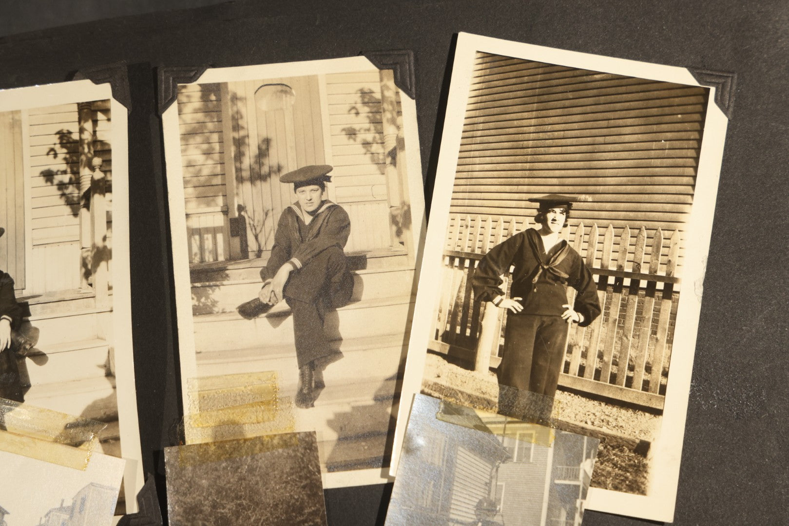 Antique Snapshot Album, Circa WWI Era, 200+ Photographs Including Police Officer on Indian Motorcycle, Pacific Electric Railway, Railroad and Trolley Workers, Woman in Navy Sailor Outfit with Gas Mask, and Beach Scenes