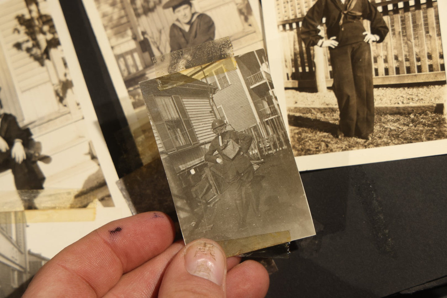 Antique Snapshot Album, Circa WWI Era, 200+ Photographs Including Police Officer on Indian Motorcycle, Pacific Electric Railway, Railroad and Trolley Workers, Woman in Navy Sailor Outfit with Gas Mask, and Beach Scenes