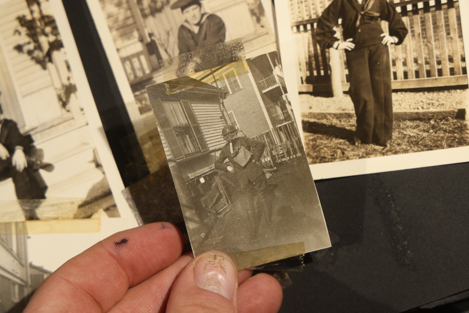 Antique Snapshot Album, Circa WWI Era, 200+ Photographs Including Police Officer on Indian Motorcycle, Pacific Electric Railway, Railroad and Trolley Workers, Woman in Navy Sailor Outfit with Gas Mask, and Beach Scenes
