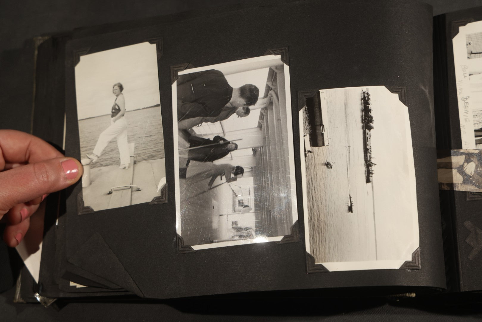 Antique Snapshot Album, Circa WWI Era, 200+ Photographs Including Police Officer on Indian Motorcycle, Pacific Electric Railway, Railroad and Trolley Workers, Woman in Navy Sailor Outfit with Gas Mask, and Beach Scenes