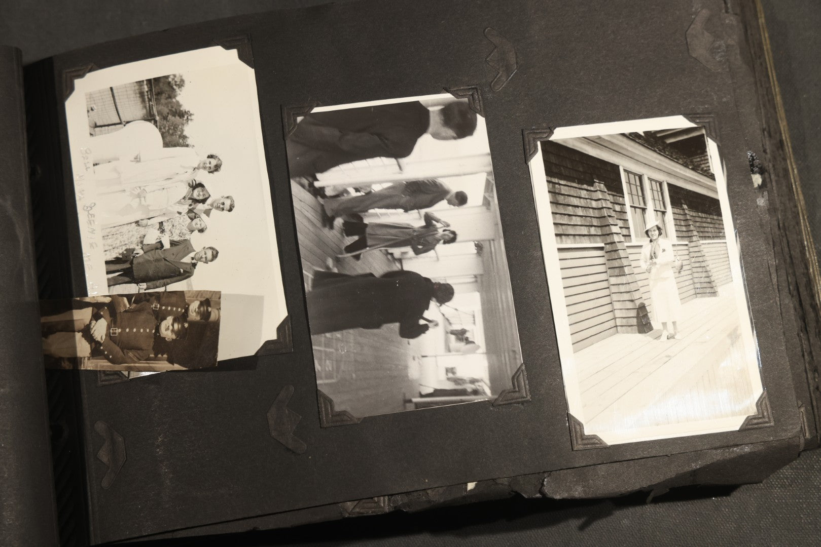 Antique Snapshot Album, Circa WWI Era, 200+ Photographs Including Police Officer on Indian Motorcycle, Pacific Electric Railway, Railroad and Trolley Workers, Woman in Navy Sailor Outfit with Gas Mask, and Beach Scenes