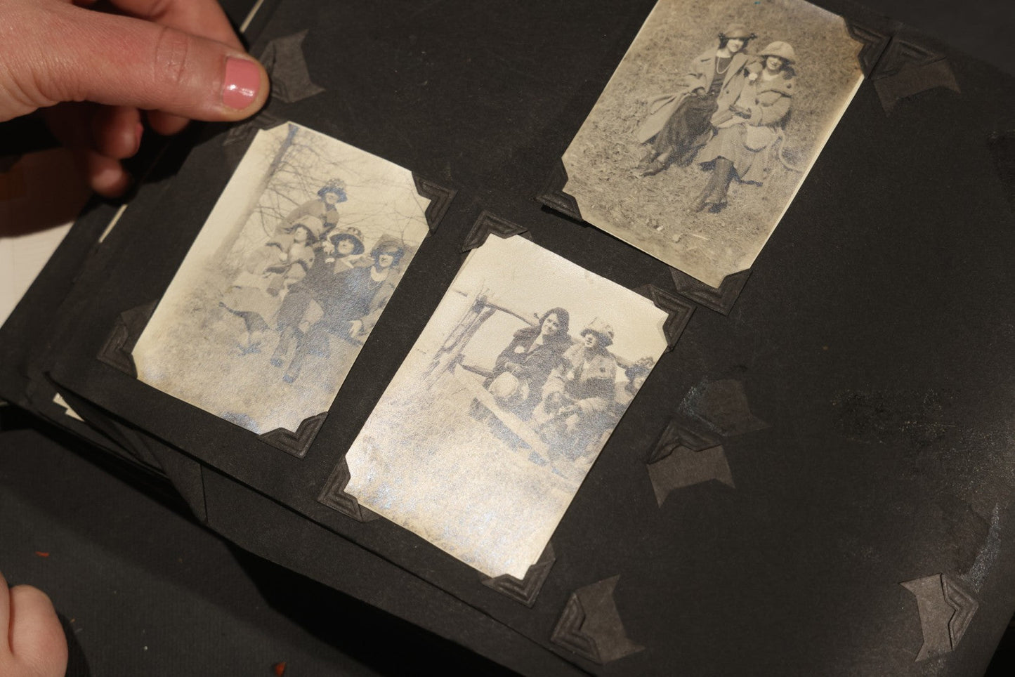 Antique Snapshot Album, Circa WWI Era, 200+ Photographs Including Police Officer on Indian Motorcycle, Pacific Electric Railway, Railroad and Trolley Workers, Woman in Navy Sailor Outfit with Gas Mask, and Beach Scenes