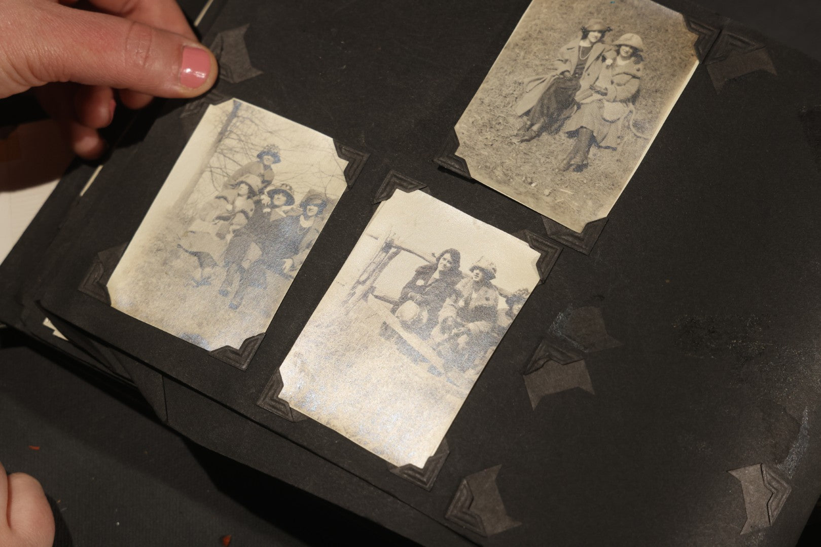 Antique Snapshot Album, Circa WWI Era, 200+ Photographs Including Police Officer on Indian Motorcycle, Pacific Electric Railway, Railroad and Trolley Workers, Woman in Navy Sailor Outfit with Gas Mask, and Beach Scenes