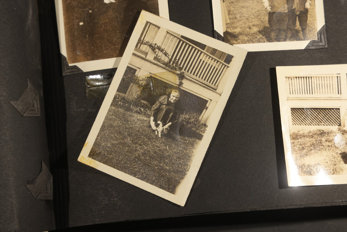Antique Snapshot Album, Circa WWI Era, 200+ Photographs Including Police Officer on Indian Motorcycle, Pacific Electric Railway, Railroad and Trolley Workers, Woman in Navy Sailor Outfit with Gas Mask, and Beach Scenes