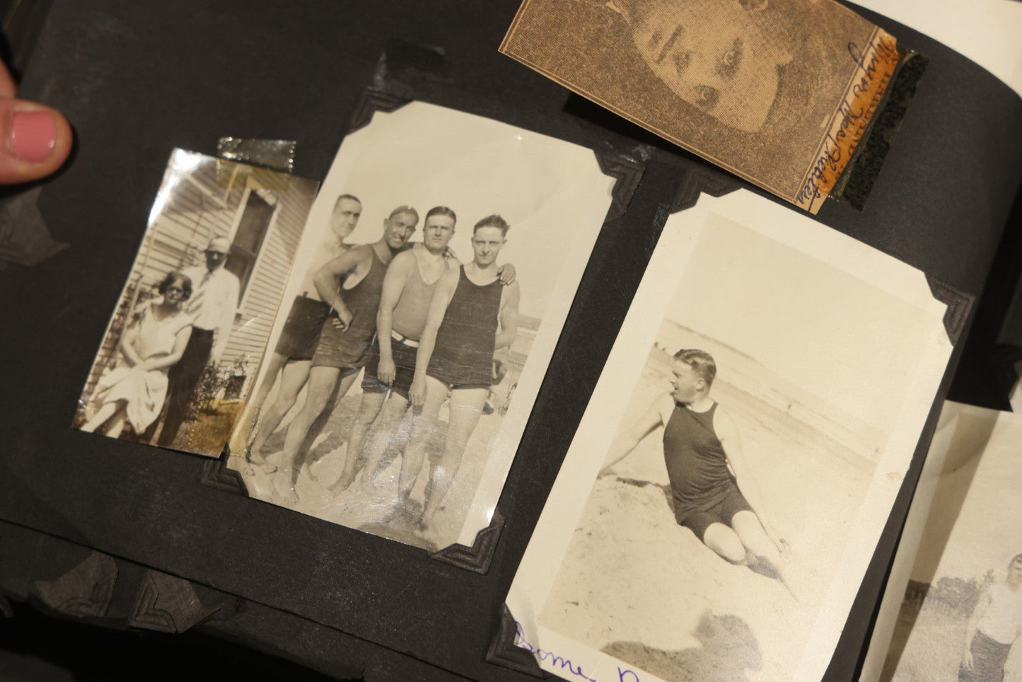 Antique Snapshot Album, Circa WWI Era, 200+ Photographs Including Police Officer on Indian Motorcycle, Pacific Electric Railway, Railroad and Trolley Workers, Woman in Navy Sailor Outfit with Gas Mask, and Beach Scenes