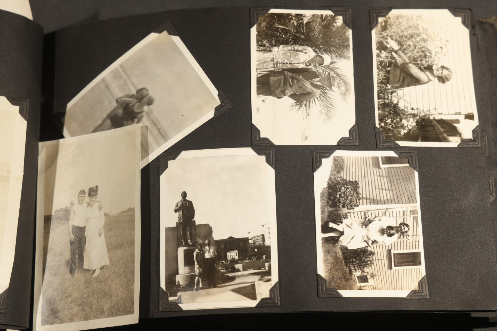 Antique Snapshot Album, Circa WWI Era, 200+ Photographs Including Police Officer on Indian Motorcycle, Pacific Electric Railway, Railroad and Trolley Workers, Woman in Navy Sailor Outfit with Gas Mask, and Beach Scenes