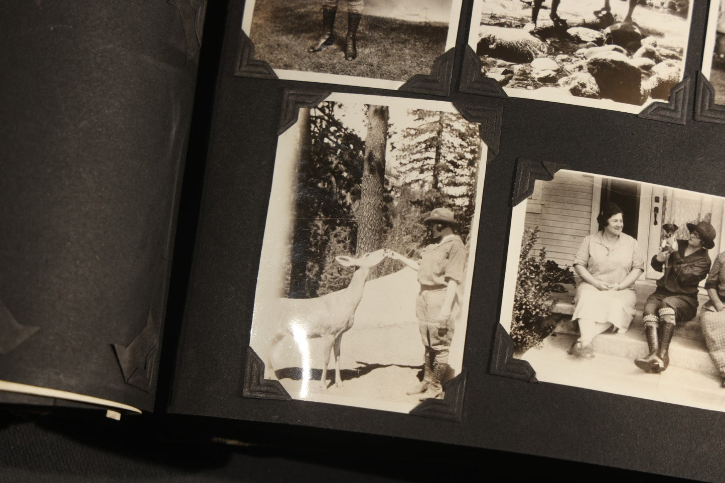 Antique Snapshot Album, Circa WWI Era, 200+ Photographs Including Police Officer on Indian Motorcycle, Pacific Electric Railway, Railroad and Trolley Workers, Woman in Navy Sailor Outfit with Gas Mask, and Beach Scenes
