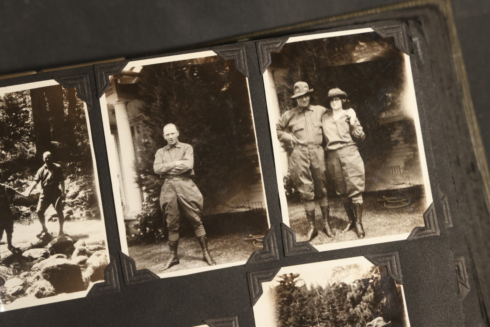 Antique Snapshot Album, Circa WWI Era, 200+ Photographs Including Police Officer on Indian Motorcycle, Pacific Electric Railway, Railroad and Trolley Workers, Woman in Navy Sailor Outfit with Gas Mask, and Beach Scenes
