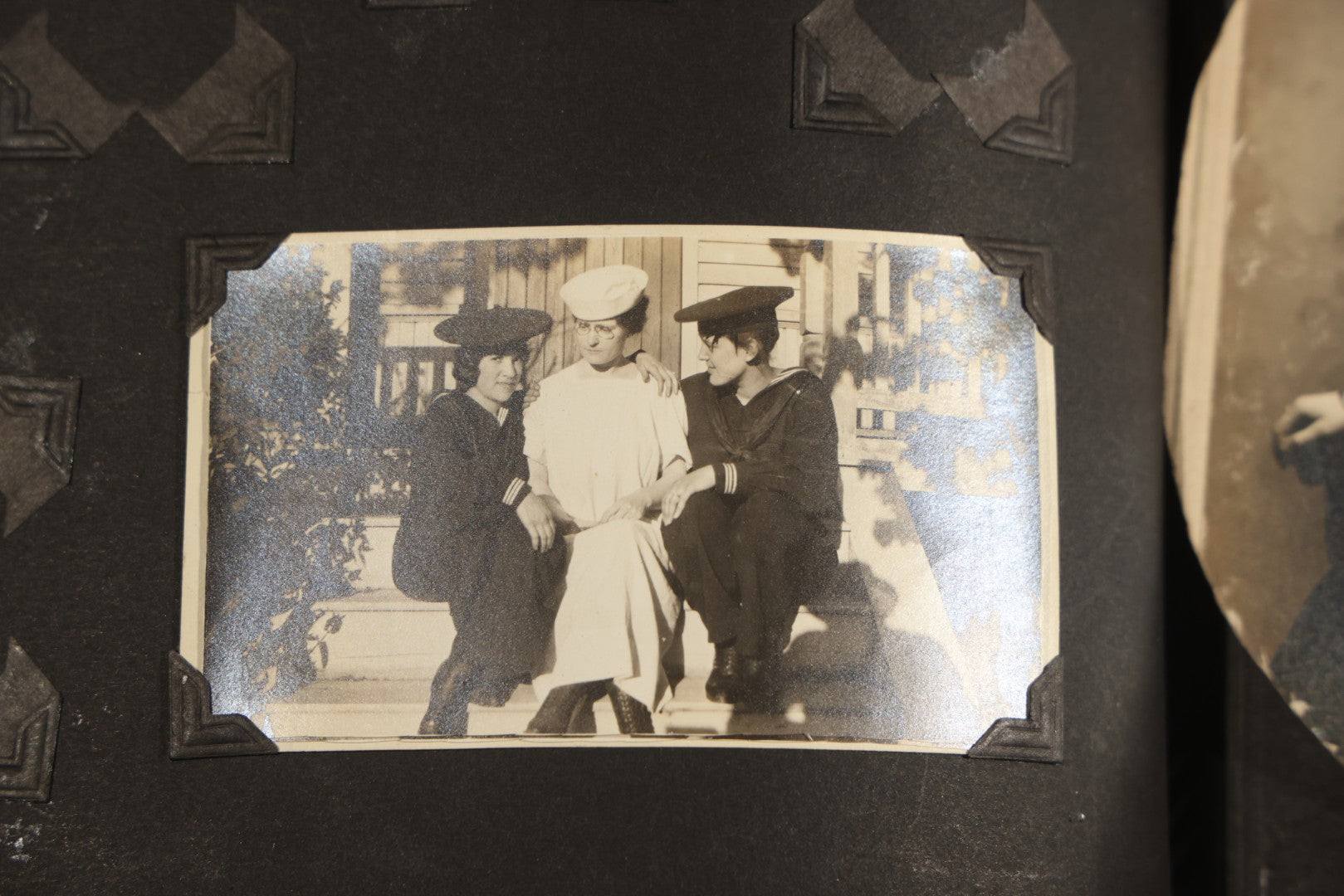 Antique Snapshot Album, Circa WWI Era, 200+ Photographs Including Police Officer on Indian Motorcycle, Pacific Electric Railway, Railroad and Trolley Workers, Woman in Navy Sailor Outfit with Gas Mask, and Beach Scenes