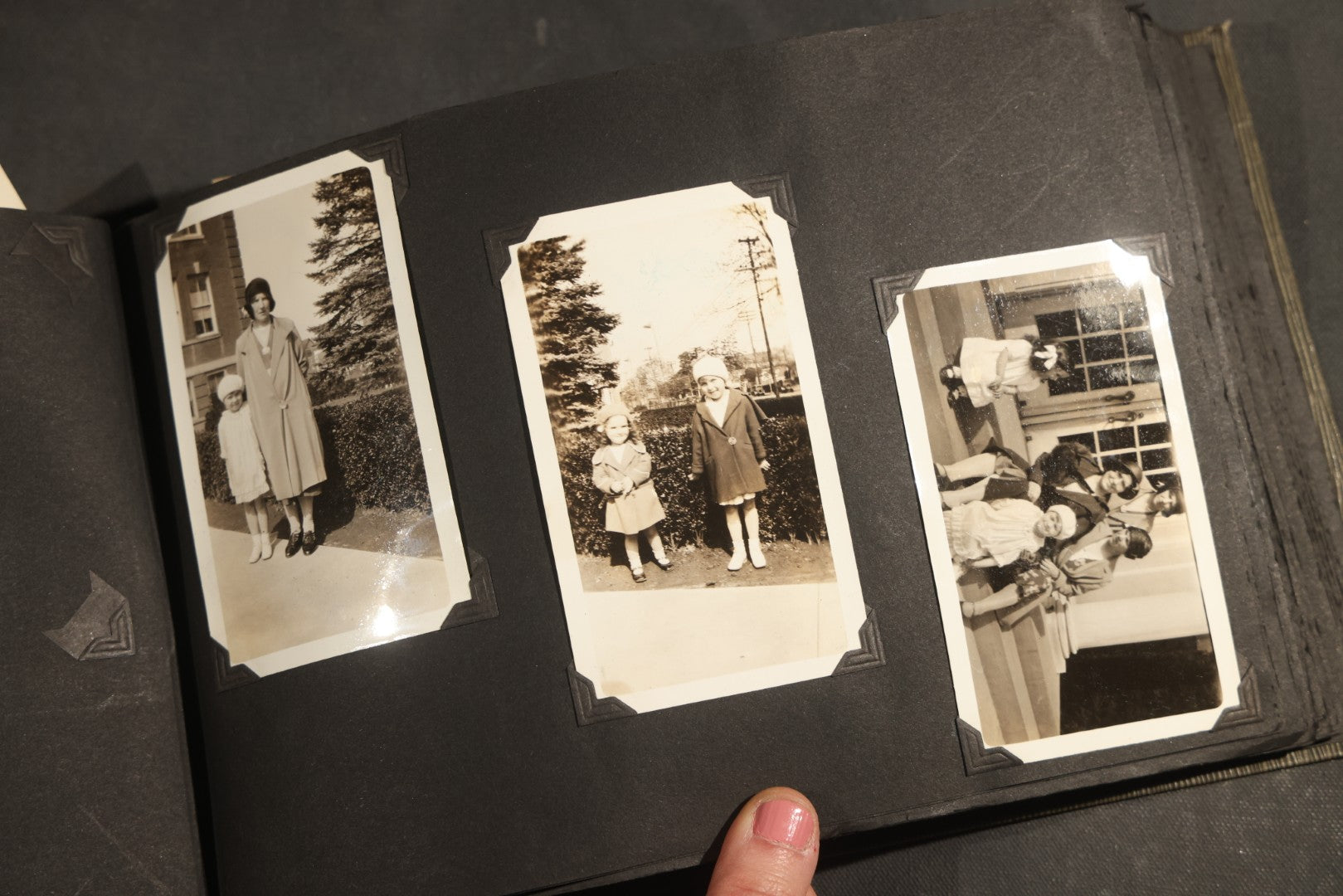 Antique Snapshot Album, Circa WWI Era, 200+ Photographs Including Police Officer on Indian Motorcycle, Pacific Electric Railway, Railroad and Trolley Workers, Woman in Navy Sailor Outfit with Gas Mask, and Beach Scenes
