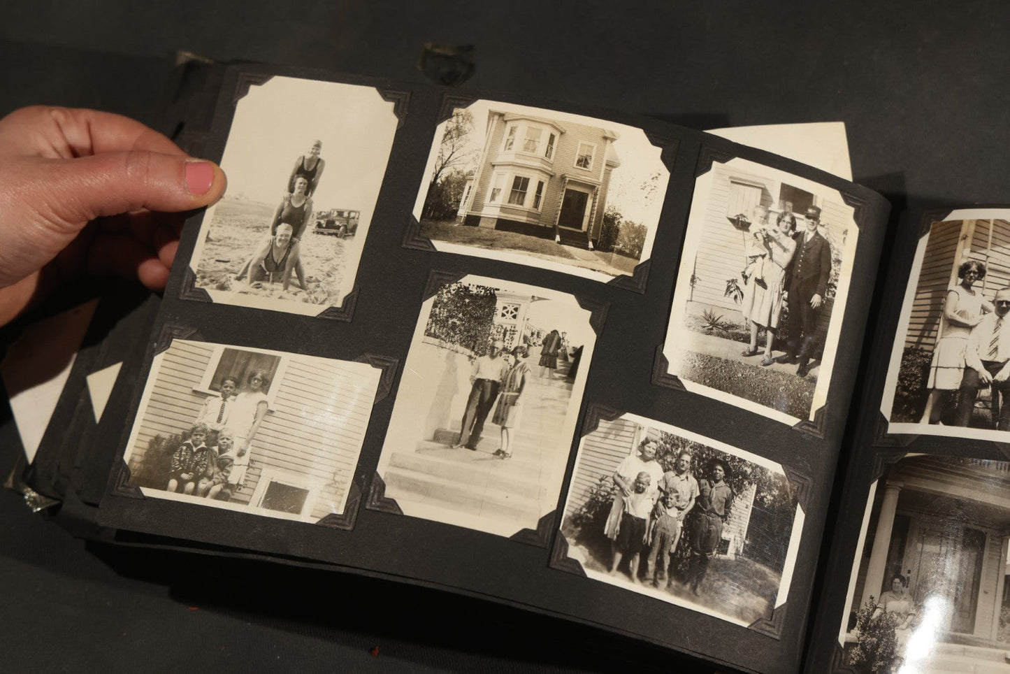 Antique Snapshot Album, Circa WWI Era, 200+ Photographs Including Police Officer on Indian Motorcycle, Pacific Electric Railway, Railroad and Trolley Workers, Woman in Navy Sailor Outfit with Gas Mask, and Beach Scenes