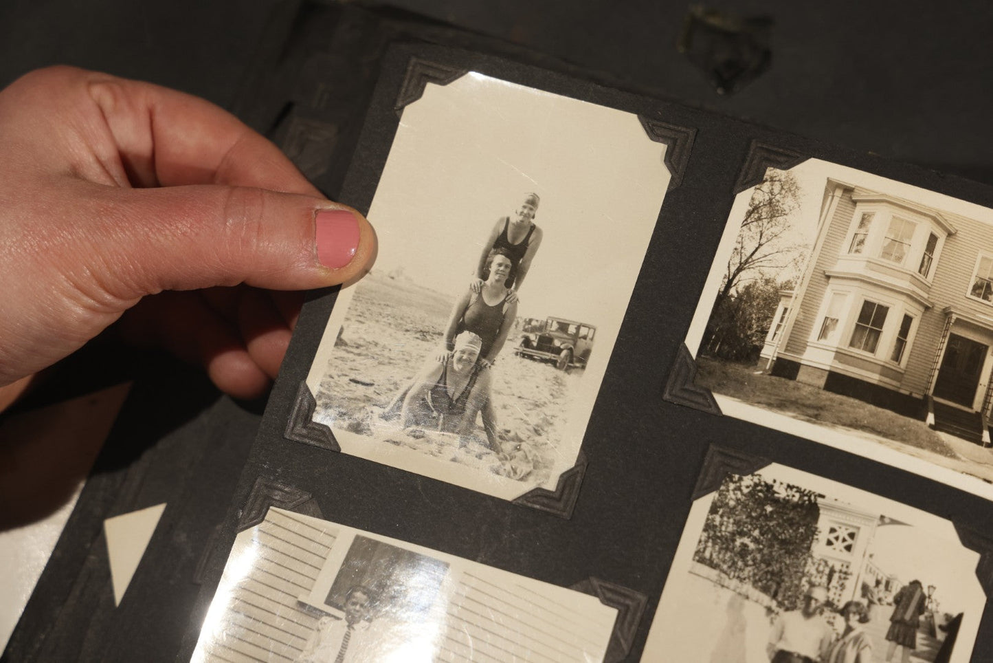 Antique Snapshot Album, Circa WWI Era, 200+ Photographs Including Police Officer on Indian Motorcycle, Pacific Electric Railway, Railroad and Trolley Workers, Woman in Navy Sailor Outfit with Gas Mask, and Beach Scenes