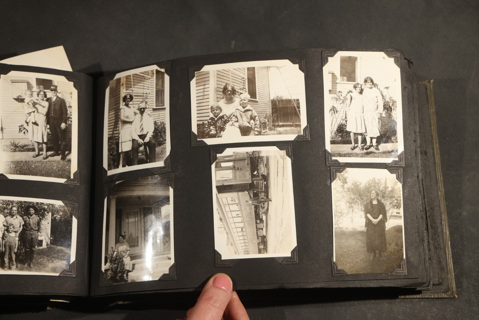 Antique Snapshot Album, Circa WWI Era, 200+ Photographs Including Police Officer on Indian Motorcycle, Pacific Electric Railway, Railroad and Trolley Workers, Woman in Navy Sailor Outfit with Gas Mask, and Beach Scenes