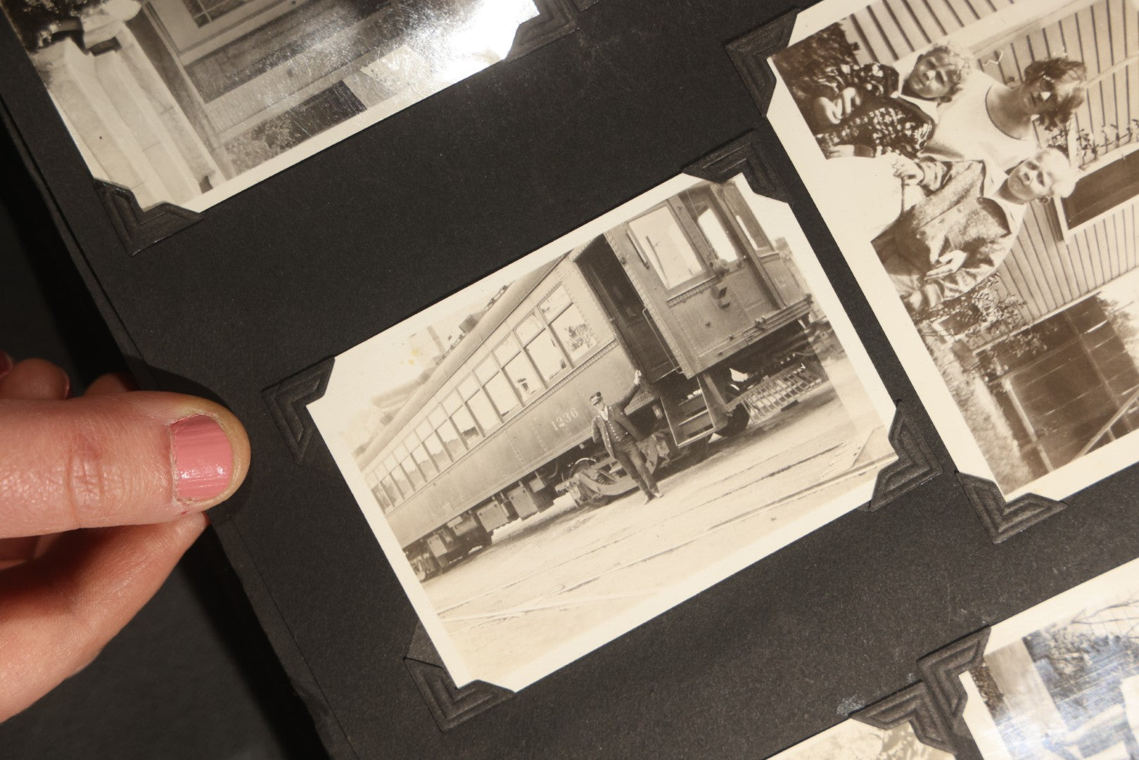 Antique Snapshot Album, Circa WWI Era, 200+ Photographs Including Police Officer on Indian Motorcycle, Pacific Electric Railway, Railroad and Trolley Workers, Woman in Navy Sailor Outfit with Gas Mask, and Beach Scenes