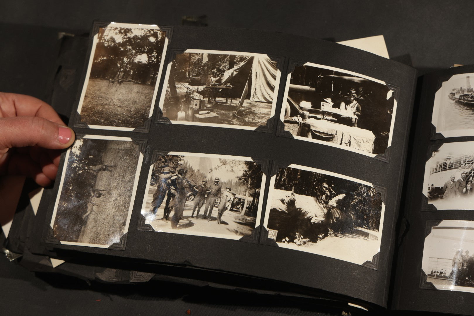 Antique Snapshot Album, Circa WWI Era, 200+ Photographs Including Police Officer on Indian Motorcycle, Pacific Electric Railway, Railroad and Trolley Workers, Woman in Navy Sailor Outfit with Gas Mask, and Beach Scenes