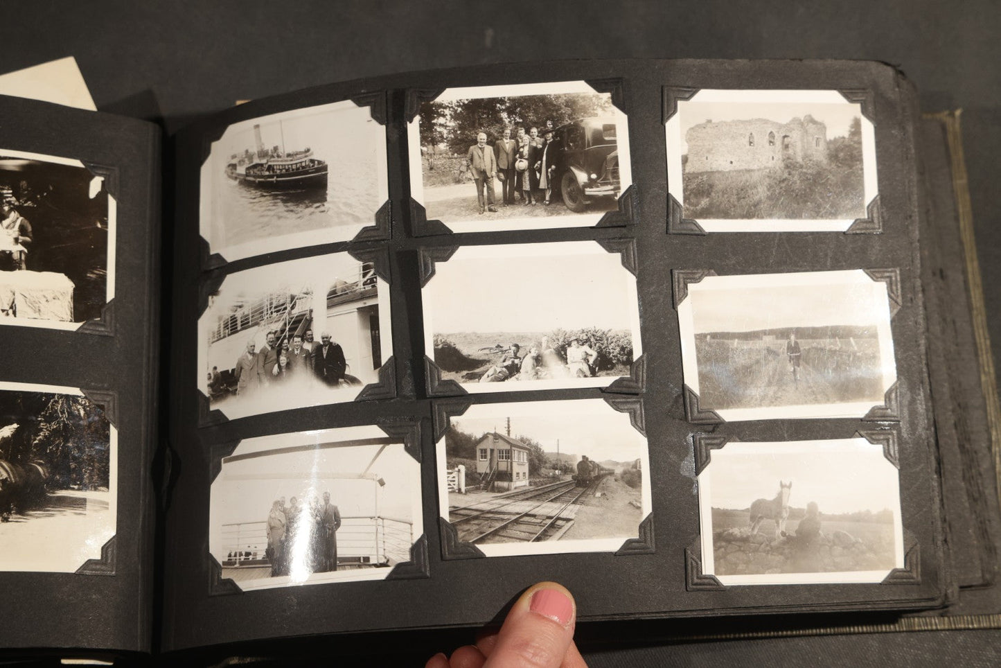 Antique Snapshot Album, Circa WWI Era, 200+ Photographs Including Police Officer on Indian Motorcycle, Pacific Electric Railway, Railroad and Trolley Workers, Woman in Navy Sailor Outfit with Gas Mask, and Beach Scenes