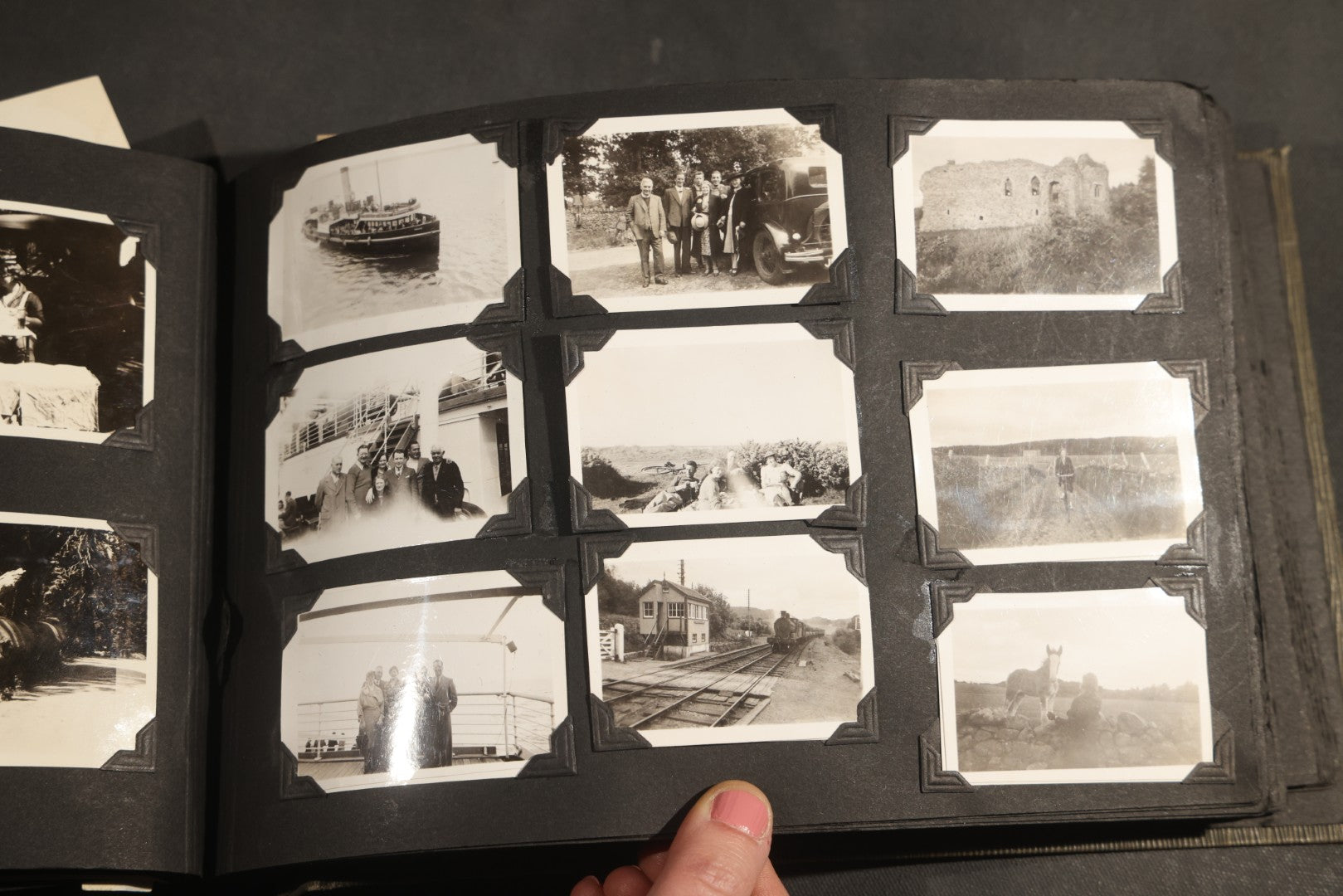 Antique Snapshot Album, Circa WWI Era, 200+ Photographs Including Police Officer on Indian Motorcycle, Pacific Electric Railway, Railroad and Trolley Workers, Woman in Navy Sailor Outfit with Gas Mask, and Beach Scenes