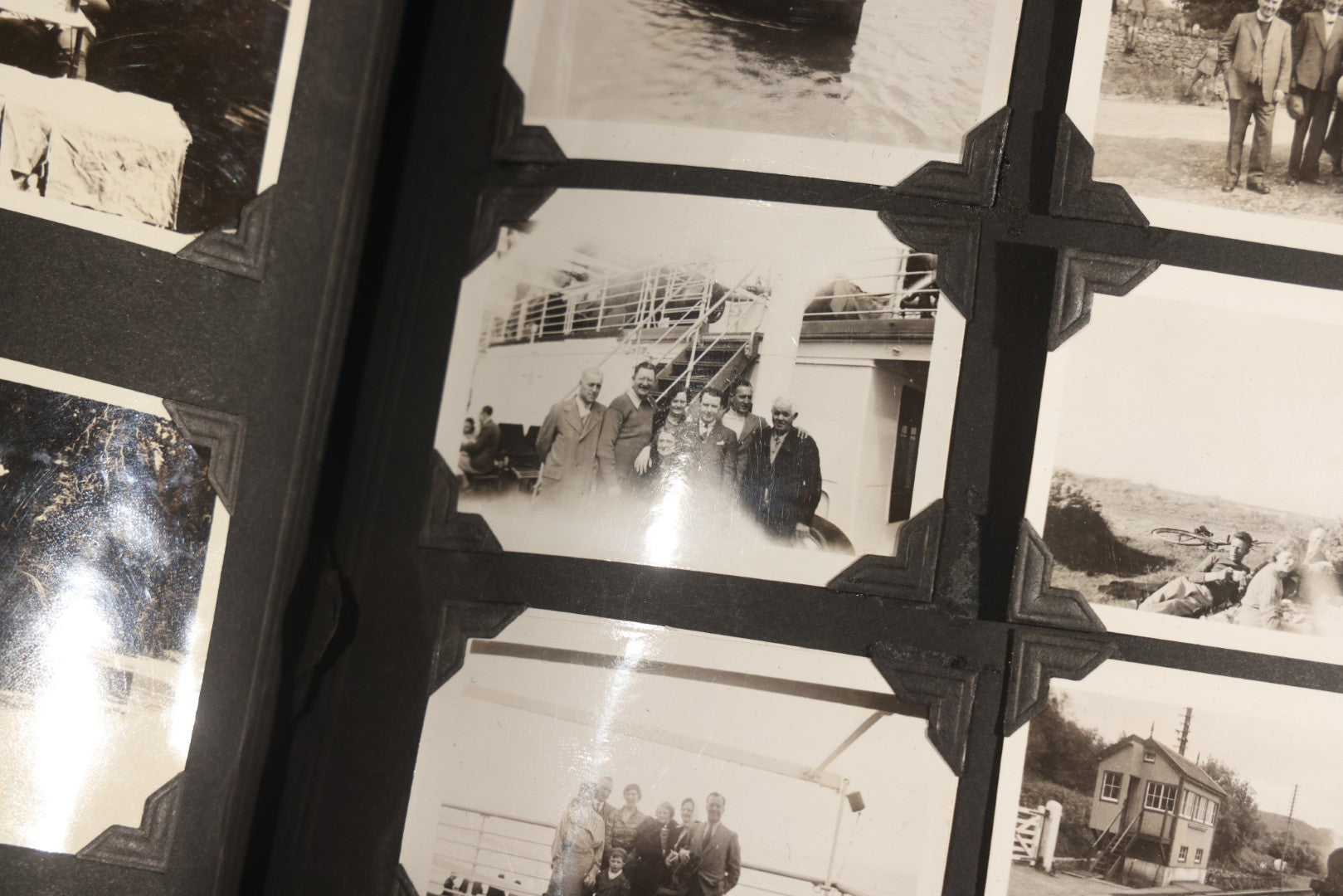 Antique Snapshot Album, Circa WWI Era, 200+ Photographs Including Police Officer on Indian Motorcycle, Pacific Electric Railway, Railroad and Trolley Workers, Woman in Navy Sailor Outfit with Gas Mask, and Beach Scenes