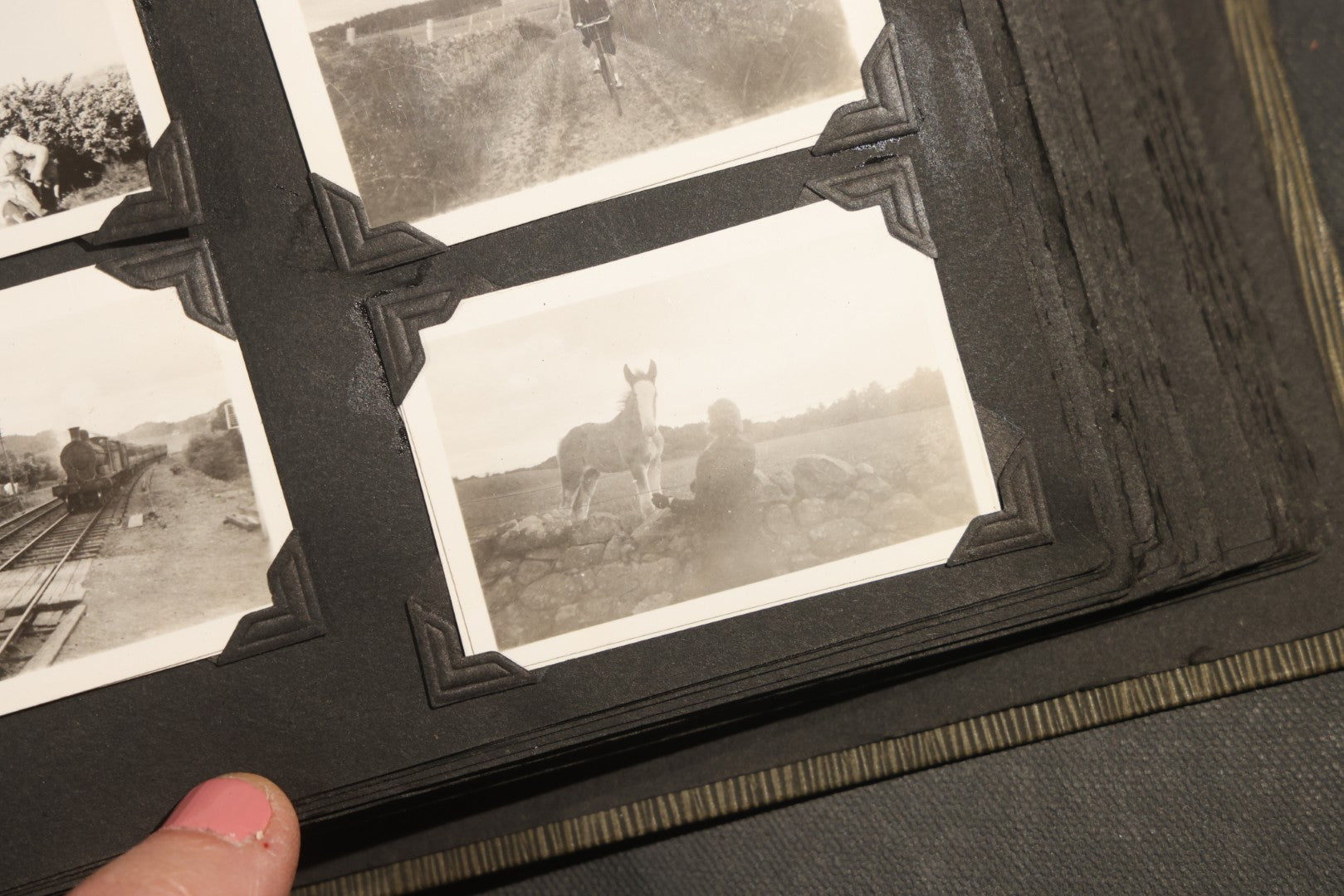 Antique Snapshot Album, Circa WWI Era, 200+ Photographs Including Police Officer on Indian Motorcycle, Pacific Electric Railway, Railroad and Trolley Workers, Woman in Navy Sailor Outfit with Gas Mask, and Beach Scenes