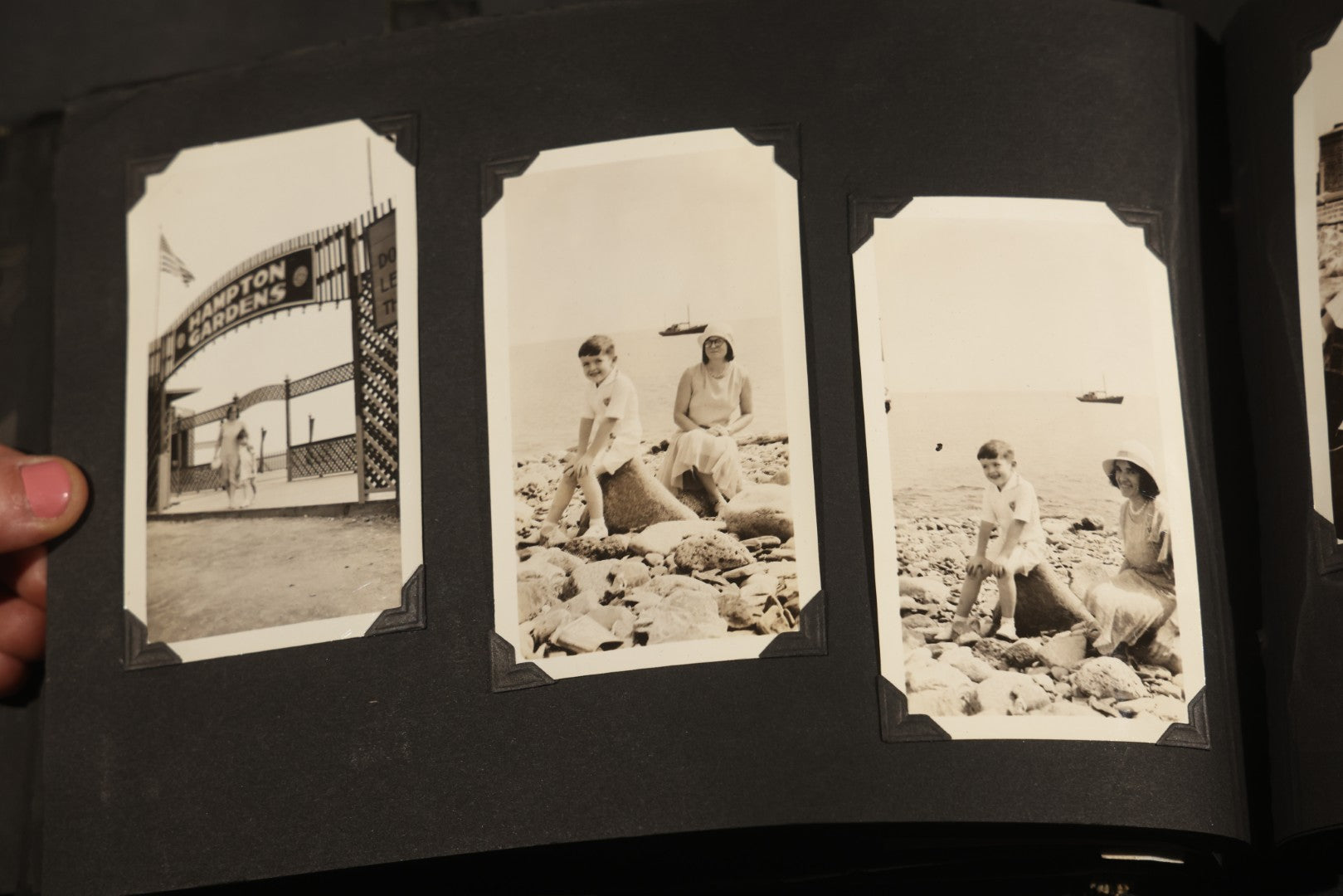 Antique Snapshot Album, Circa WWI Era, 200+ Photographs Including Police Officer on Indian Motorcycle, Pacific Electric Railway, Railroad and Trolley Workers, Woman in Navy Sailor Outfit with Gas Mask, and Beach Scenes