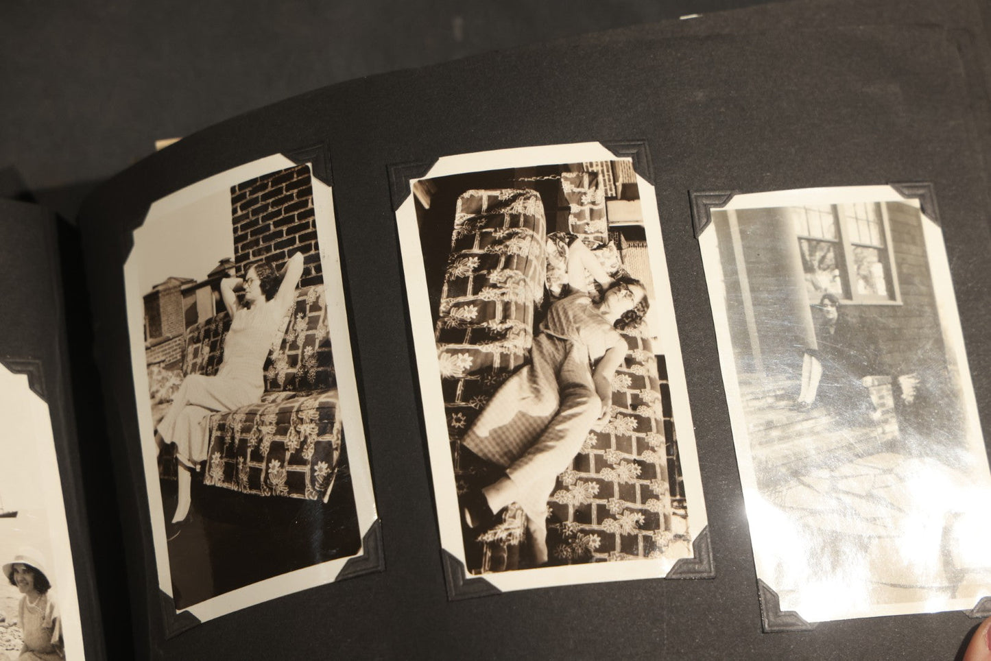 Antique Snapshot Album, Circa WWI Era, 200+ Photographs Including Police Officer on Indian Motorcycle, Pacific Electric Railway, Railroad and Trolley Workers, Woman in Navy Sailor Outfit with Gas Mask, and Beach Scenes