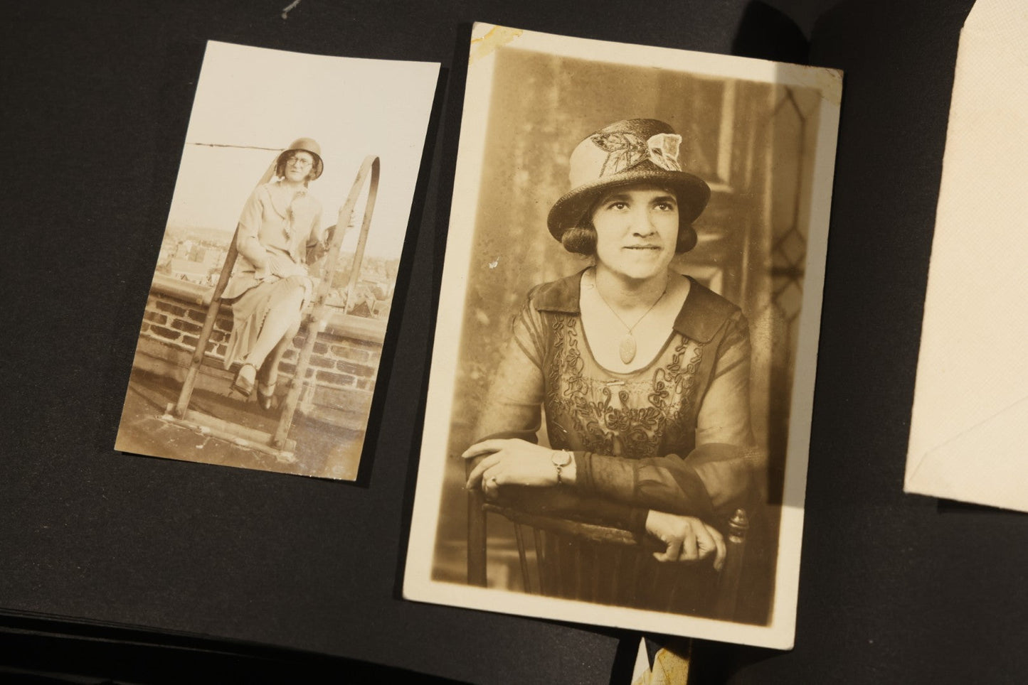 Antique Snapshot Album, Circa WWI Era, 200+ Photographs Including Police Officer on Indian Motorcycle, Pacific Electric Railway, Railroad and Trolley Workers, Woman in Navy Sailor Outfit with Gas Mask, and Beach Scenes