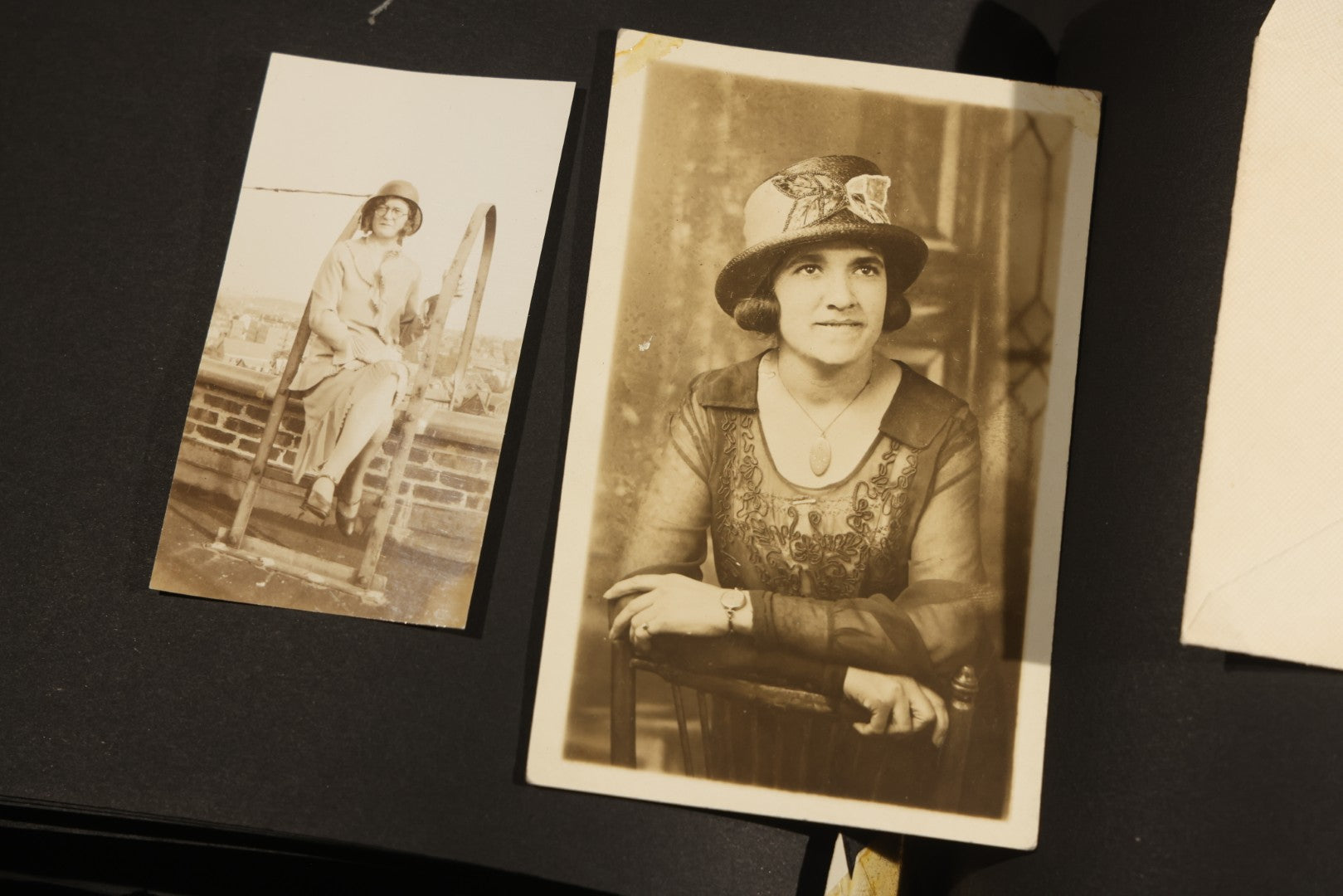 Antique Snapshot Album, Circa WWI Era, 200+ Photographs Including Police Officer on Indian Motorcycle, Pacific Electric Railway, Railroad and Trolley Workers, Woman in Navy Sailor Outfit with Gas Mask, and Beach Scenes